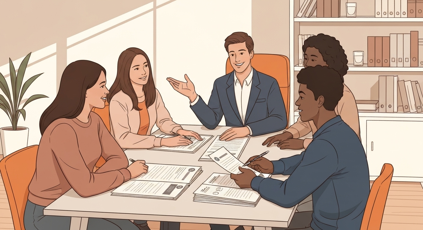 Illustration : Conseiller France Épargne expliquant l'assurance colocation à des jeunes