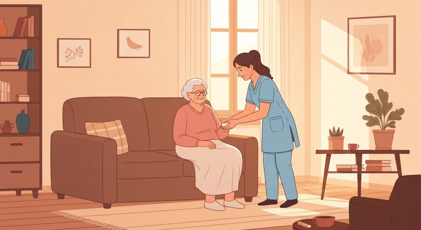 Illustration : Senior français recevant des soins à domicile avec aide professionnelle