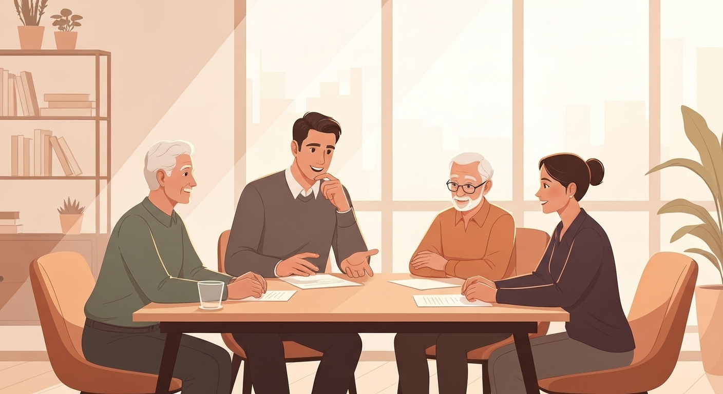 Famille française planifiant l'avenir avec un conseiller patrimonial