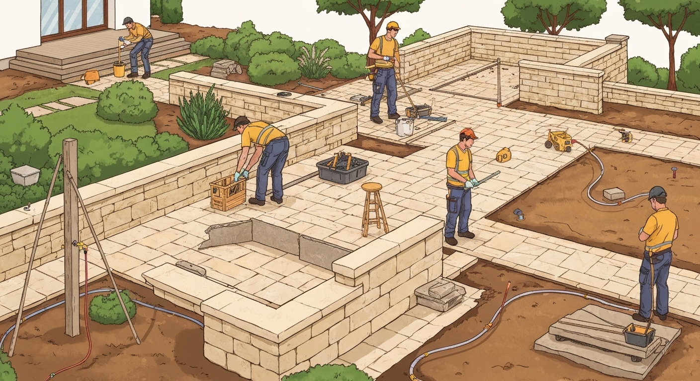 Chantier aménagement paysager avec travaux de maçonnerie couverts par assurance décennale