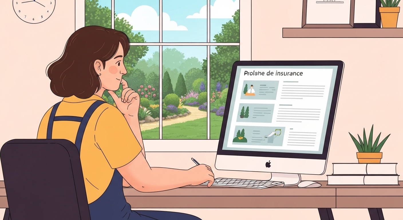 Paysagiste auto-entrepreneur comparant les offres RC Pro sur ordinateur