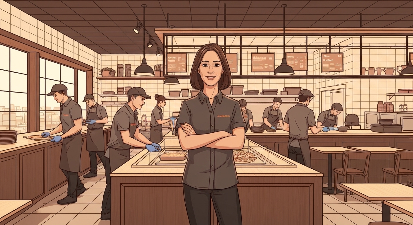 Franchisé restaurant fast-food avec son équipe dans un établissement moderne