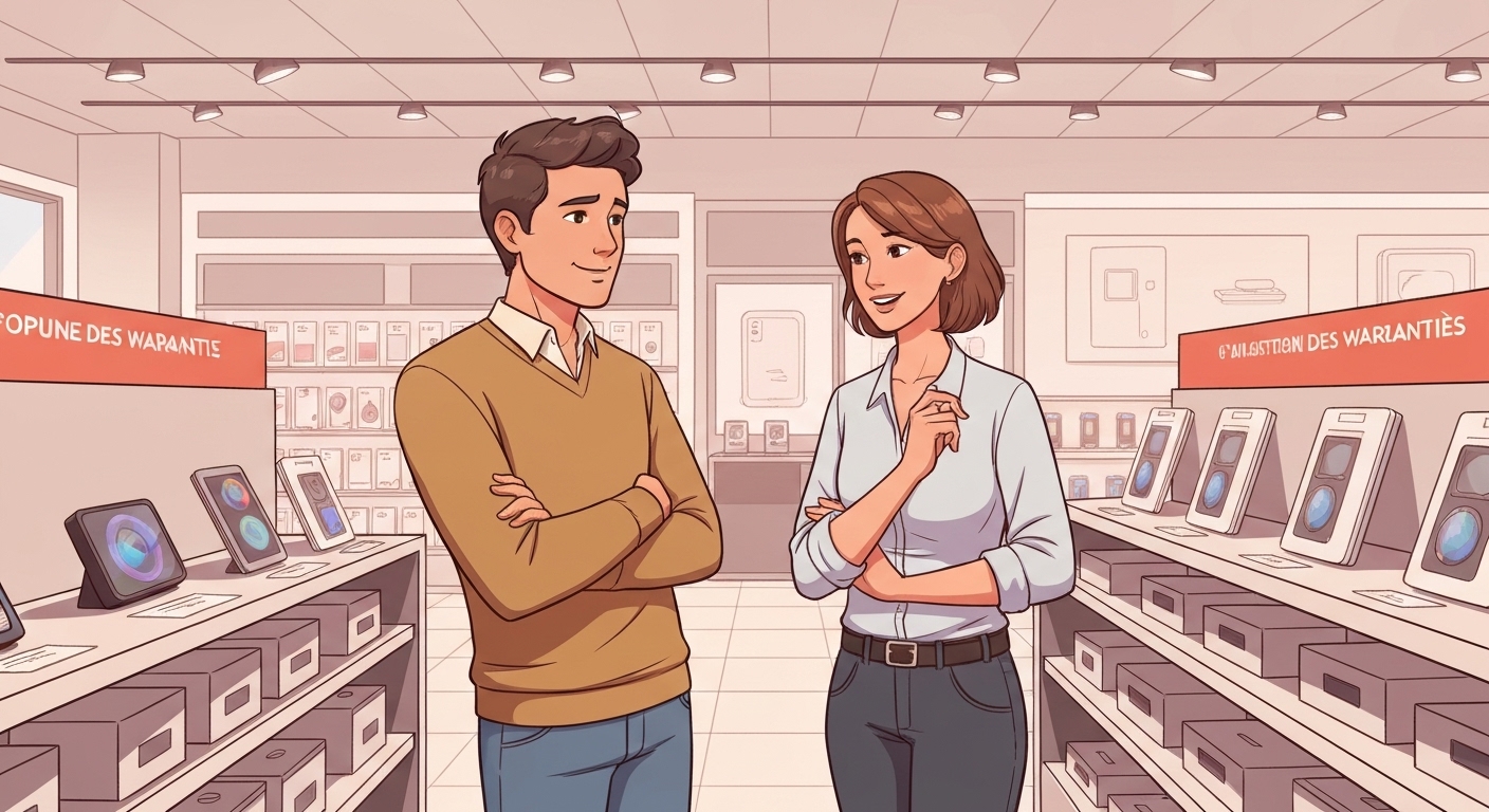 Client au magasin choisissant entre garantie légale et garantie prolongée
