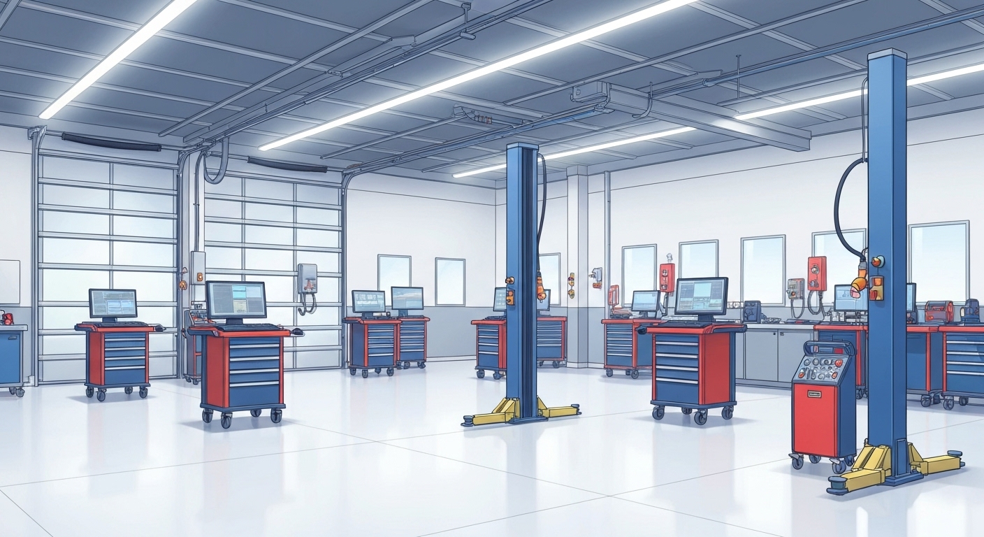 Atelier mécanique moderne avec équipements de diagnostic coûteux nécessitant assurance