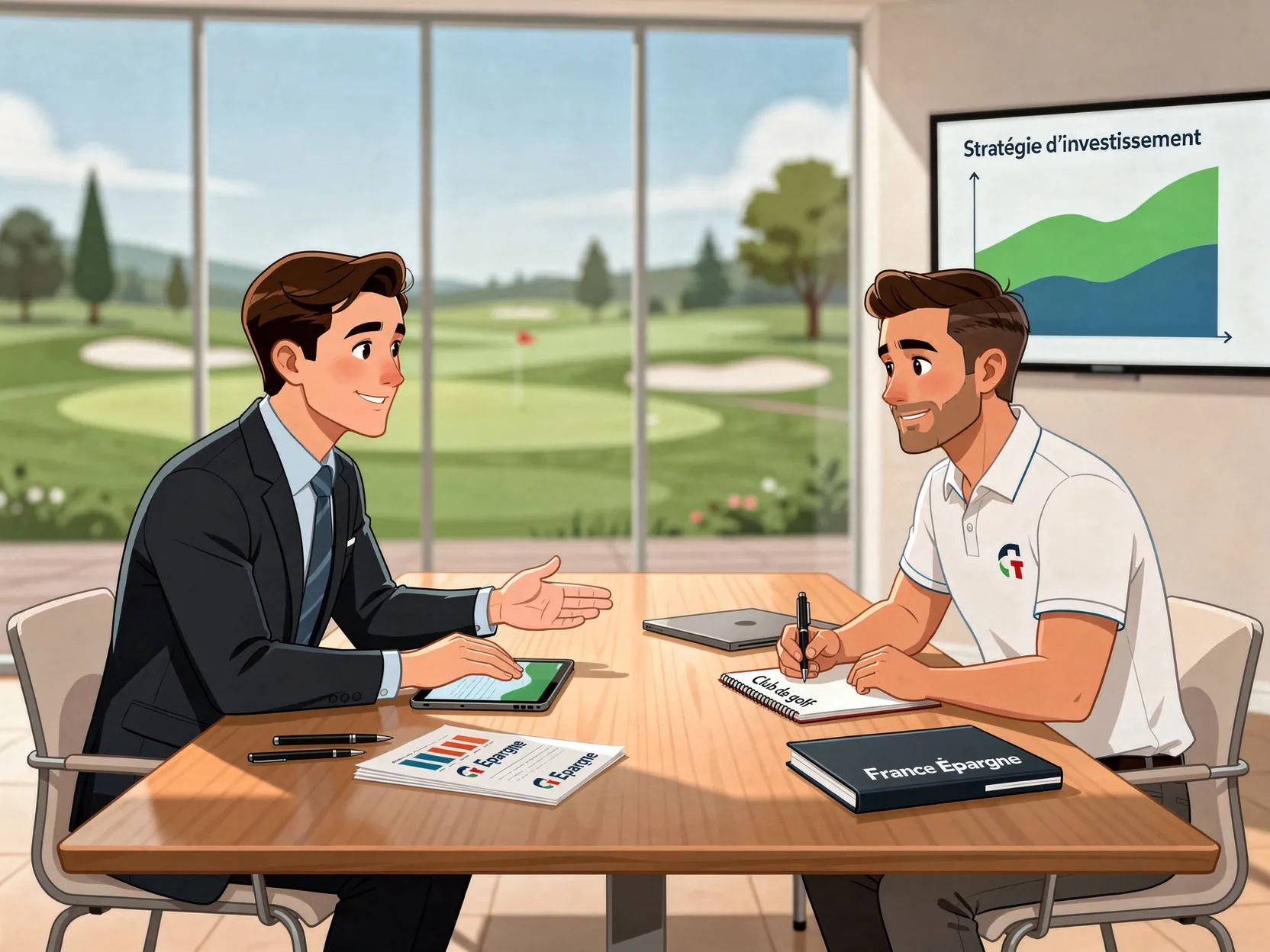 Conseiller France Épargne avec client golf club