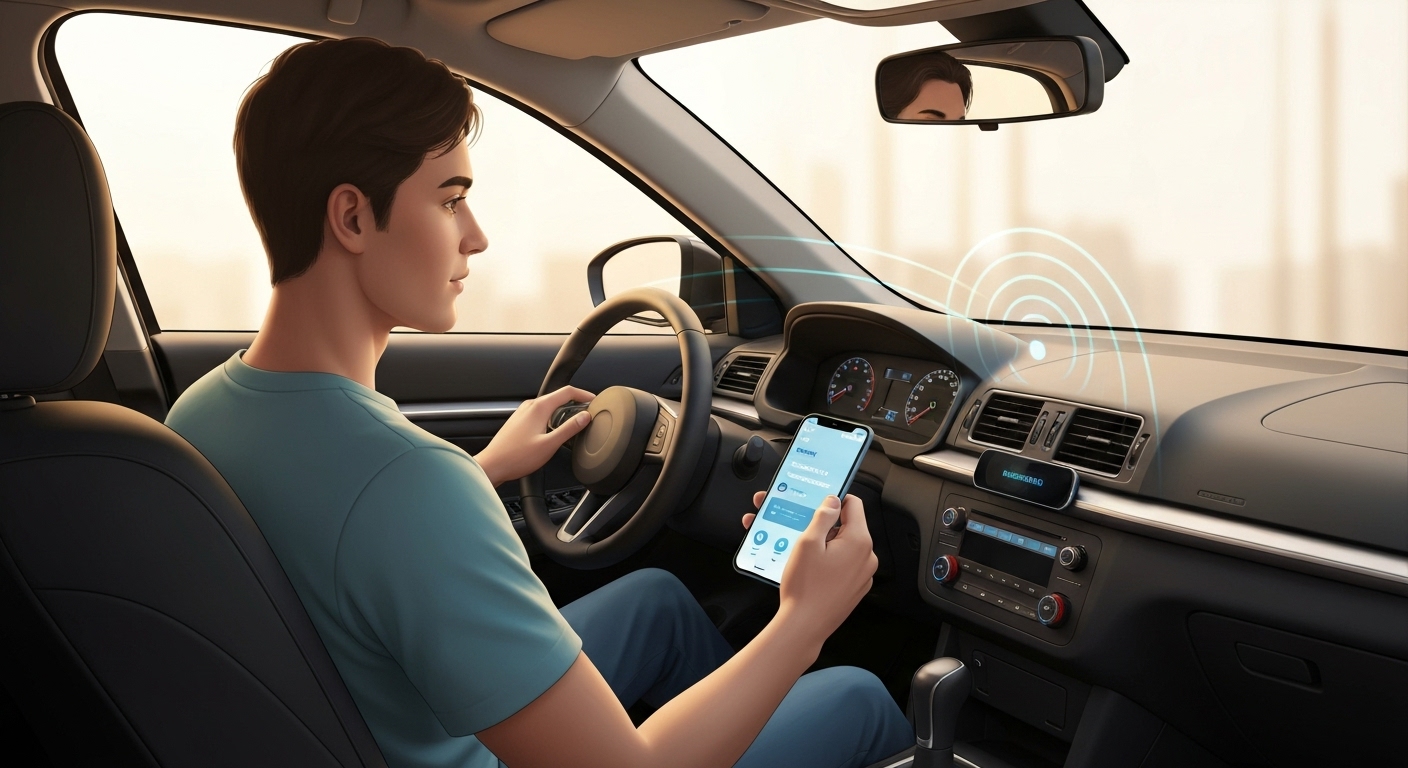 Jeune conducteur utilisant boîtier télématique connecté