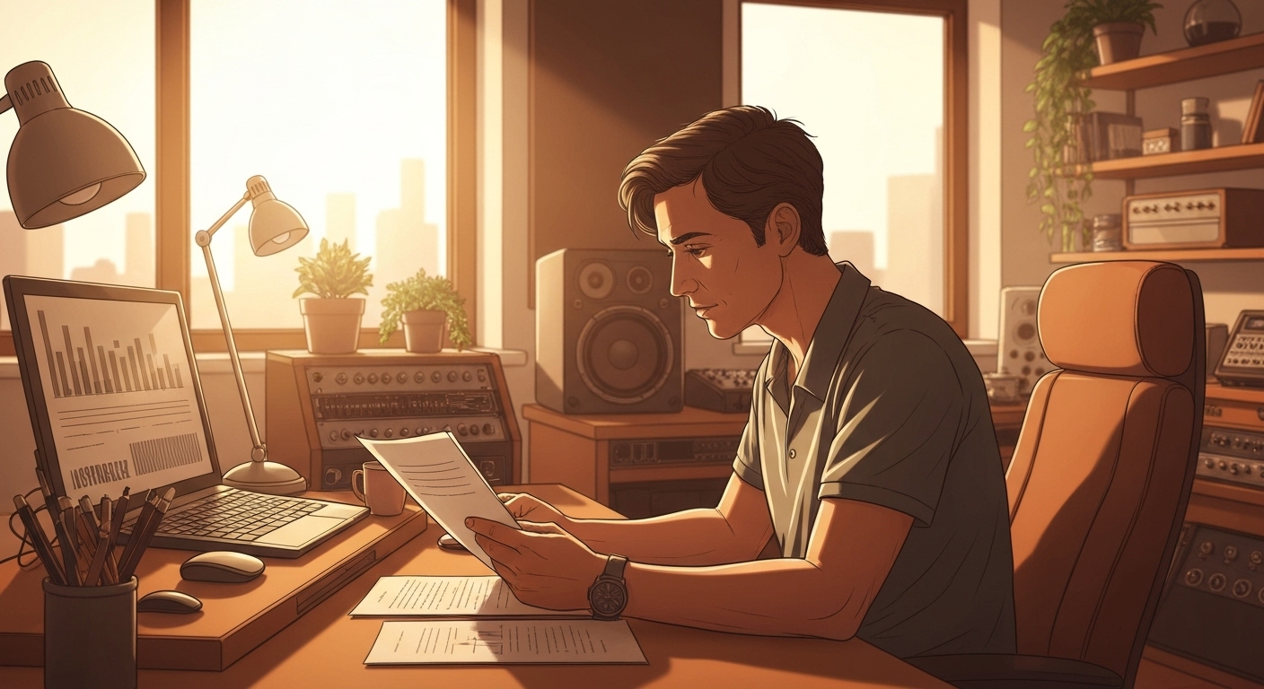 Musicien professionnel vérifiant son contrat d'assurance