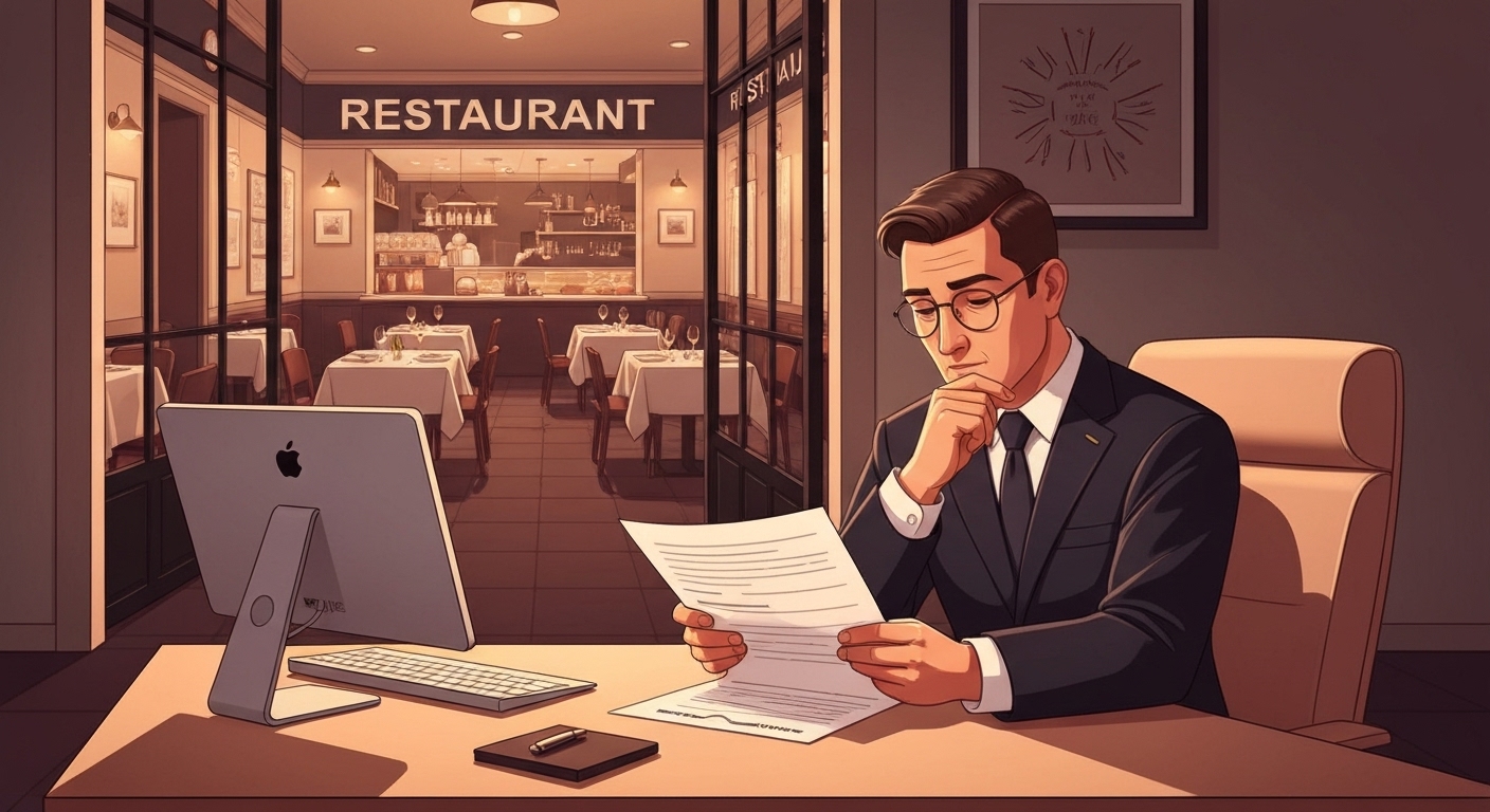 Propriétaire de restaurant analysant contrat d'assurance professionnelle