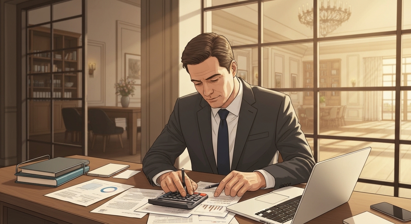 Propriétaire d'hôtel analysant budget assurance avec calculatrice