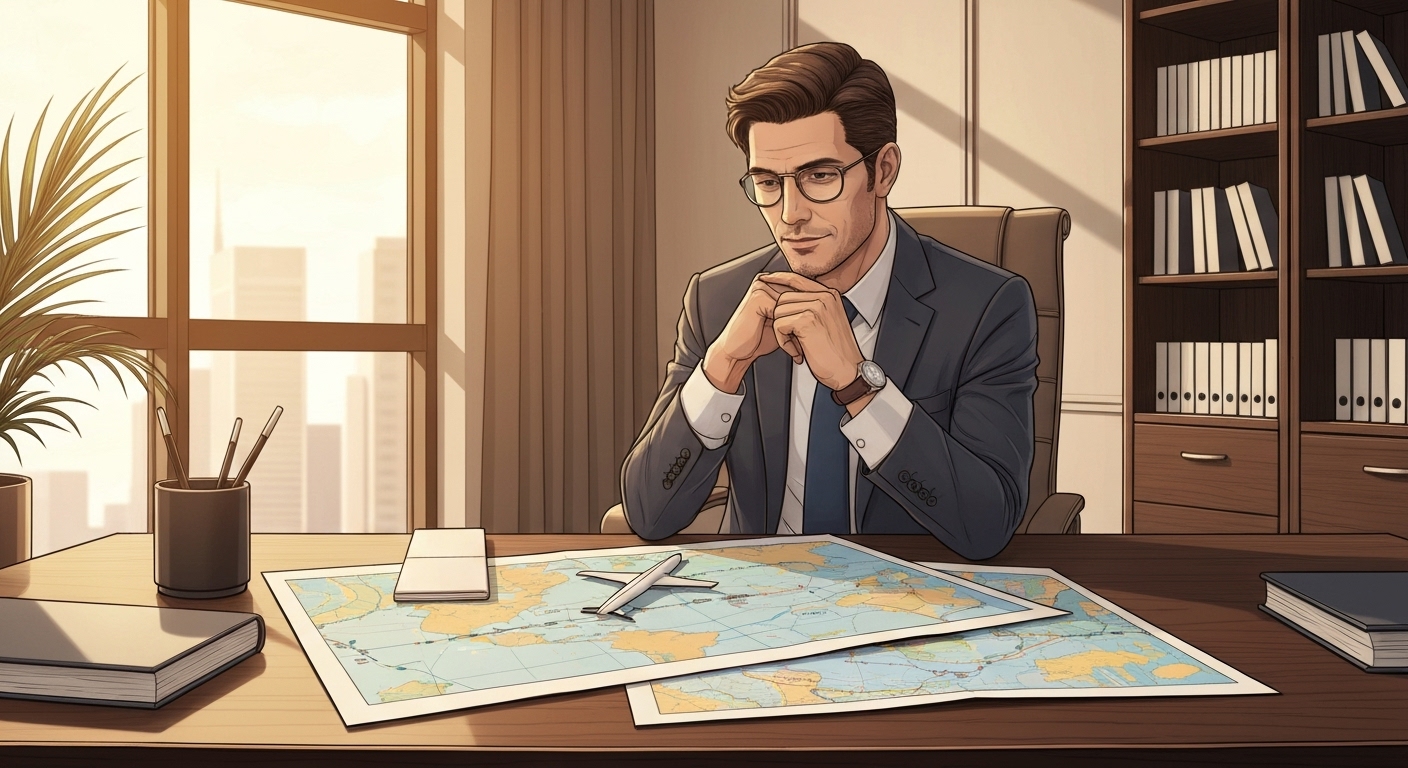 Entrepreneur français propriétaire de jet privé planifiant ses déplacements