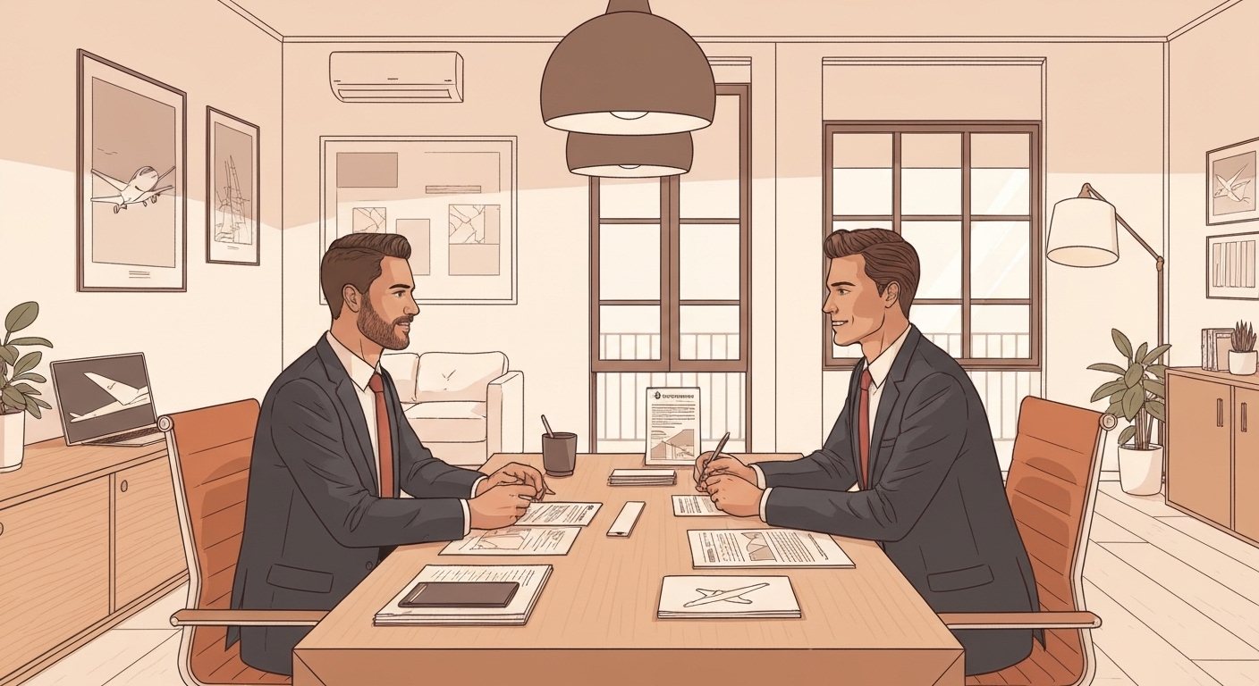 Expert en assurance aviation conseillant un client dans son bureau