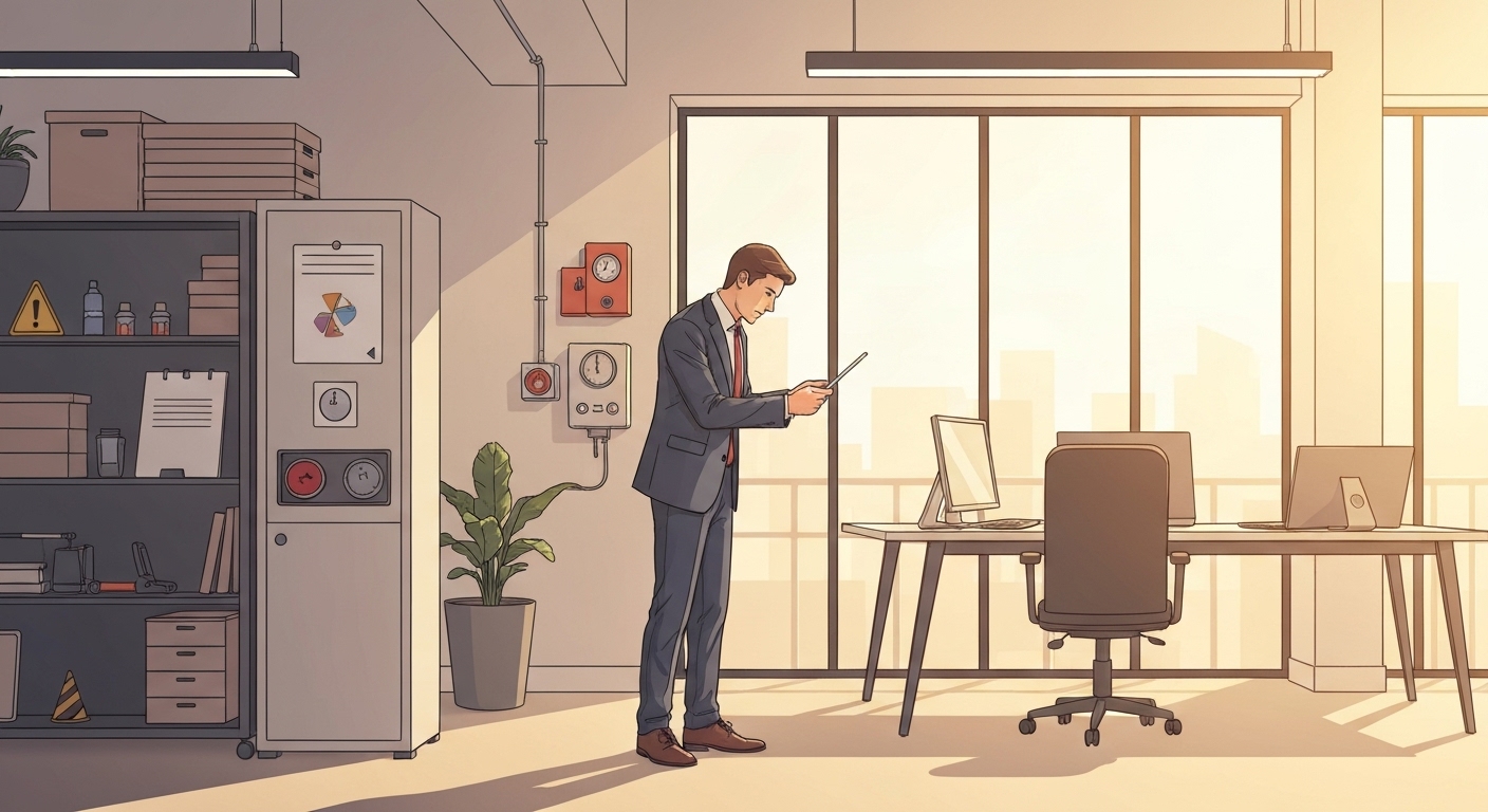 Professionnel vérifiant la conformité de ses locaux pour l'assurance