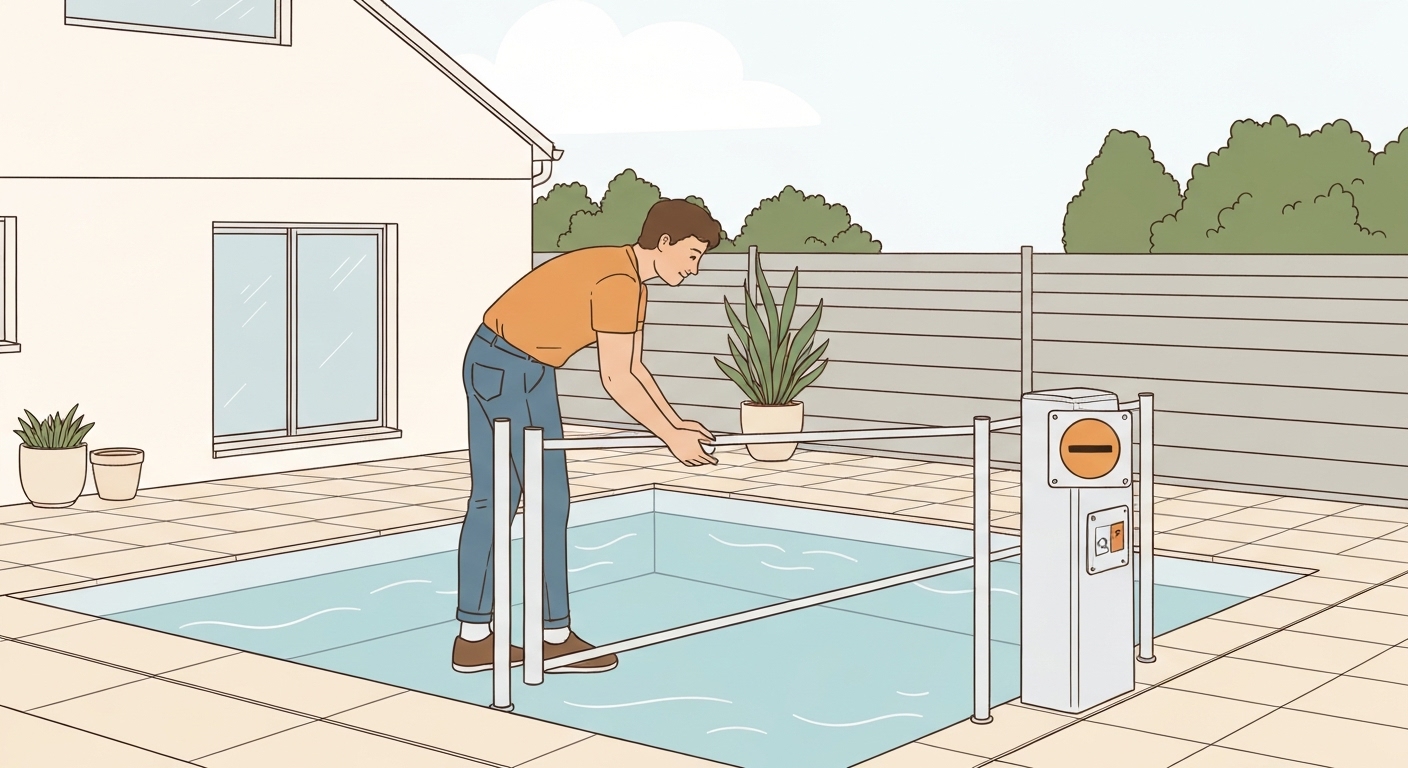 Propriétaire vérifiant les équipements de sécurité de sa piscine conformément à la réglementation