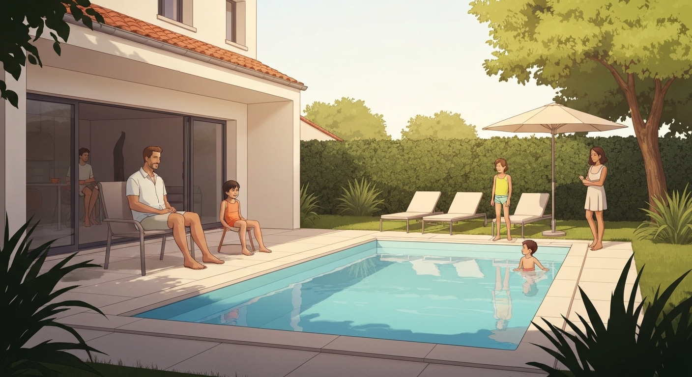 Famille rassurée grâce à leur couverture d'assurance piscine complète