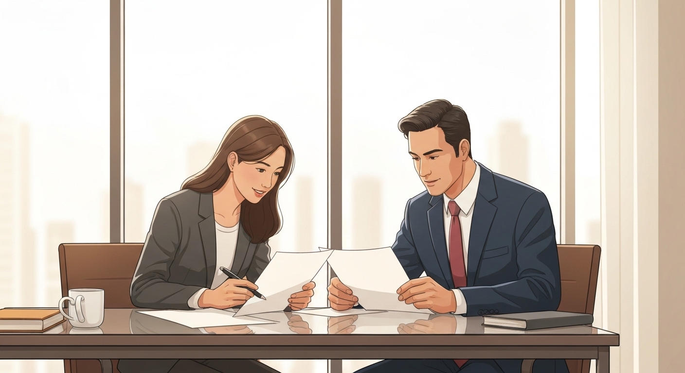 Professionnel accompagnant un client dans la révision de documents patrimoniaux