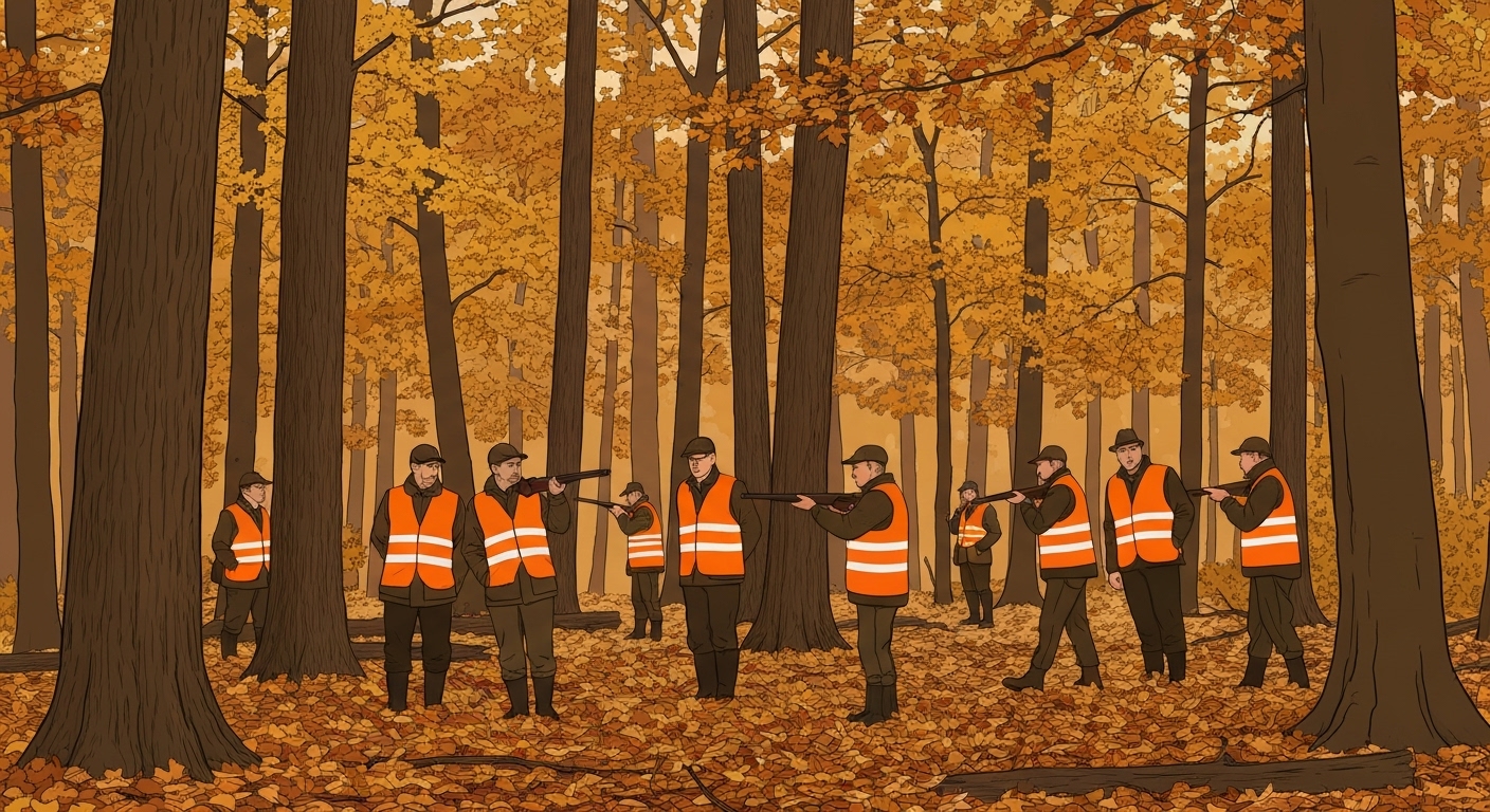Illustration : Groupe de chasseurs français lors d'une battue en forêt