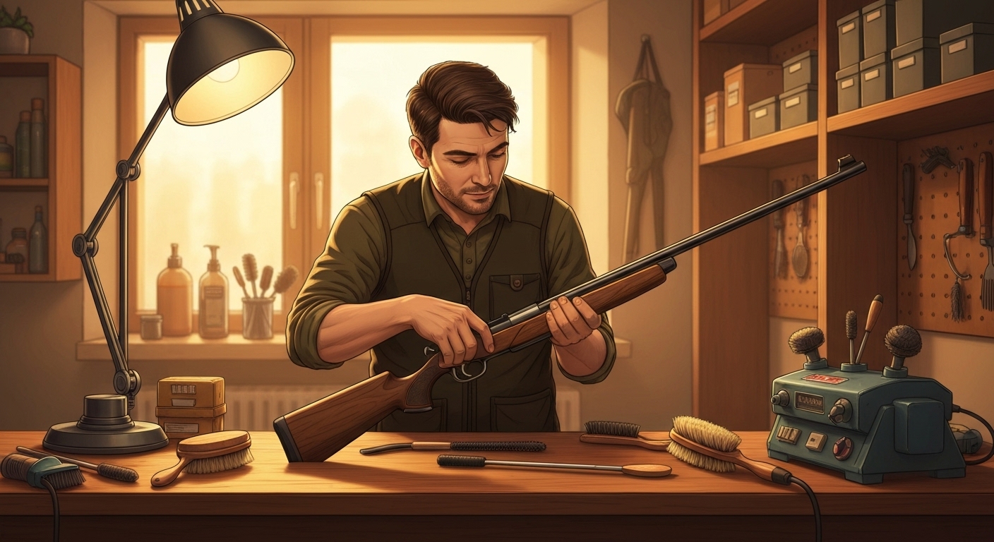 Illustration : Chasseur entretenant son fusil de chasse dans son atelier