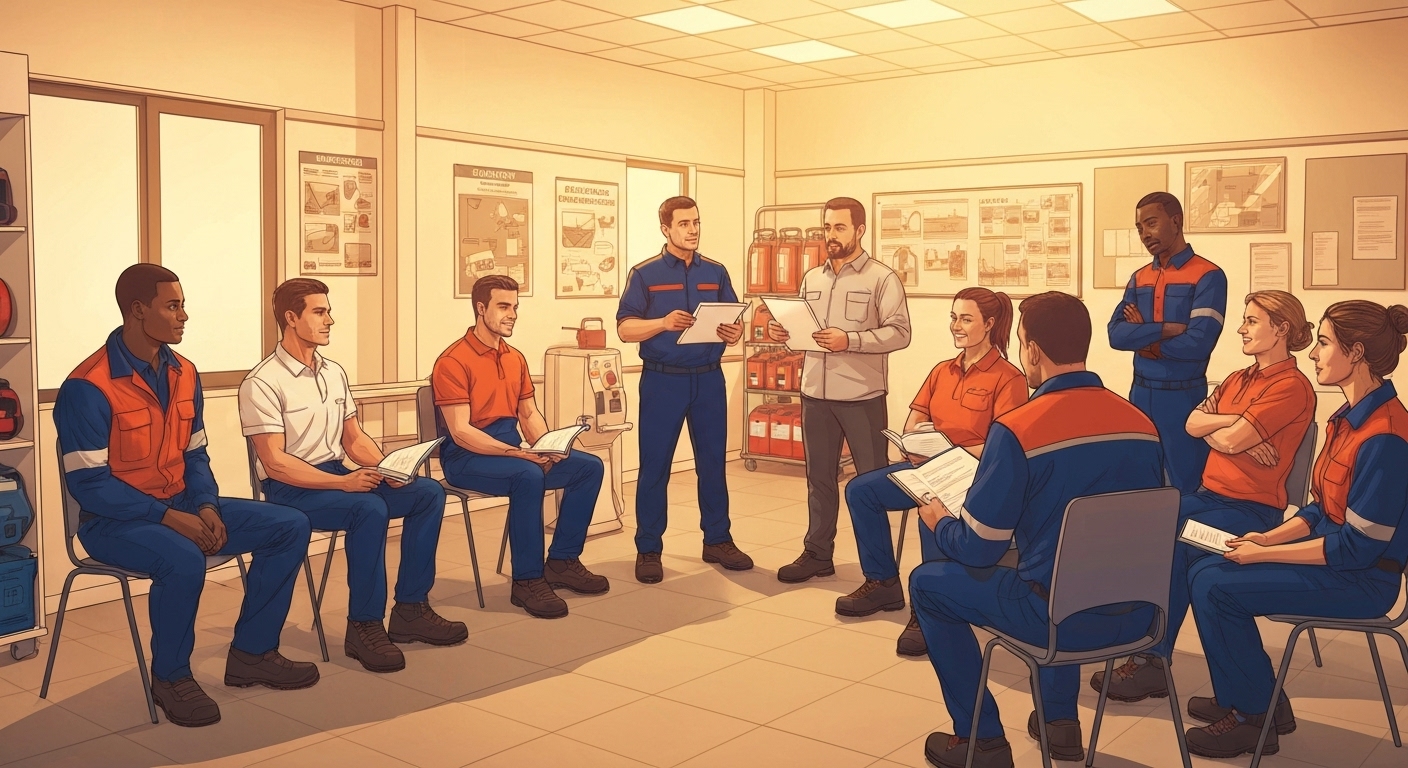 Équipe de sécurité en formation dans une station-service