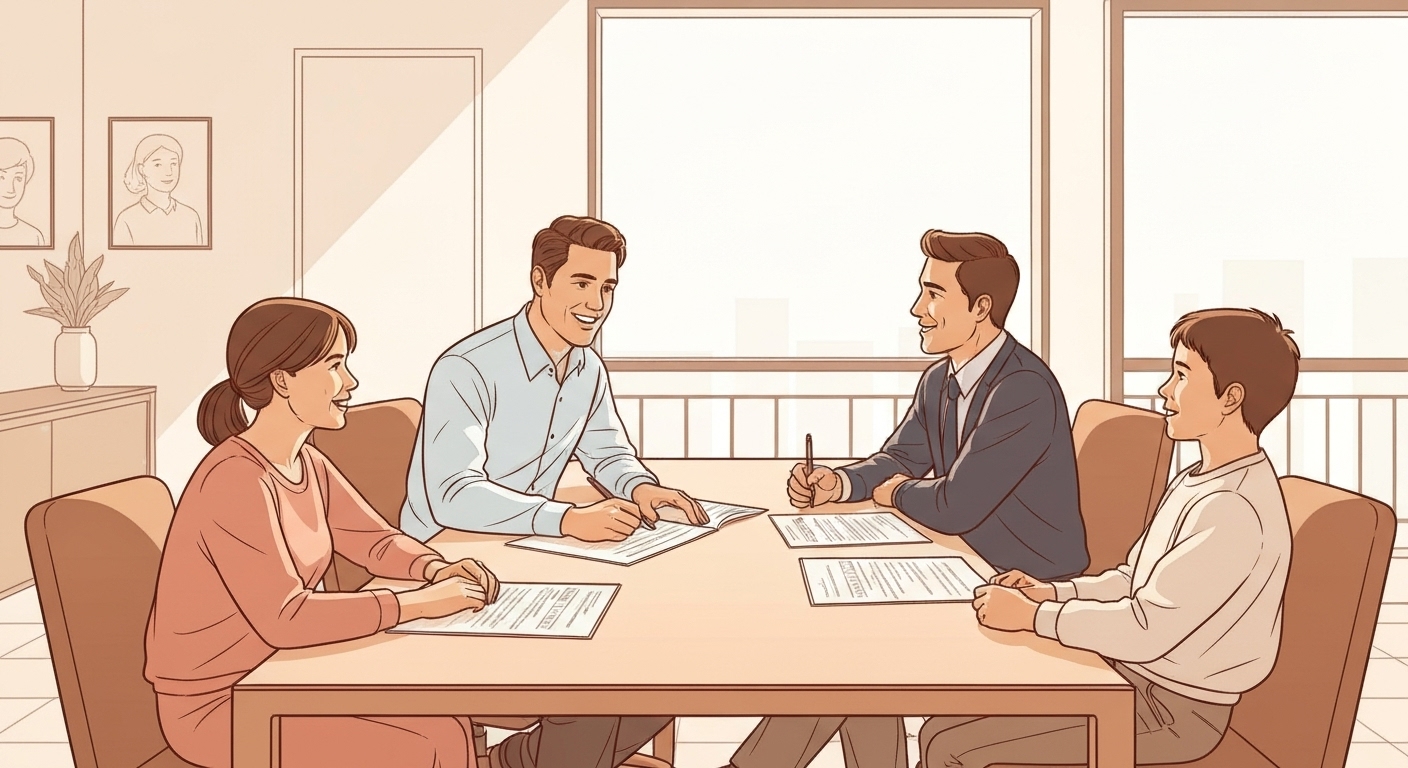 Famille française discutant viager avec gestionnaire de patrimoine