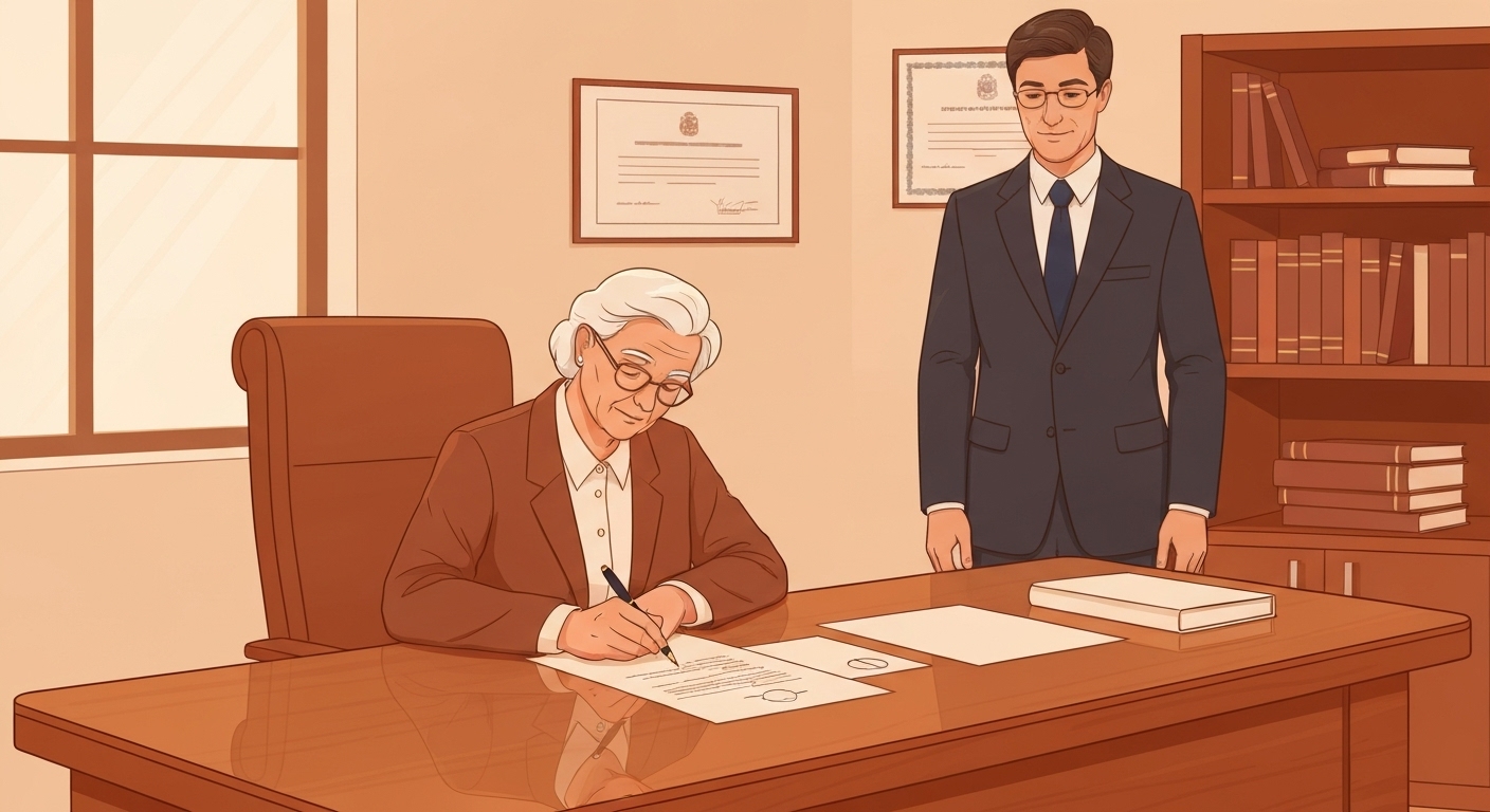 Senior signant contrat viager chez notaire