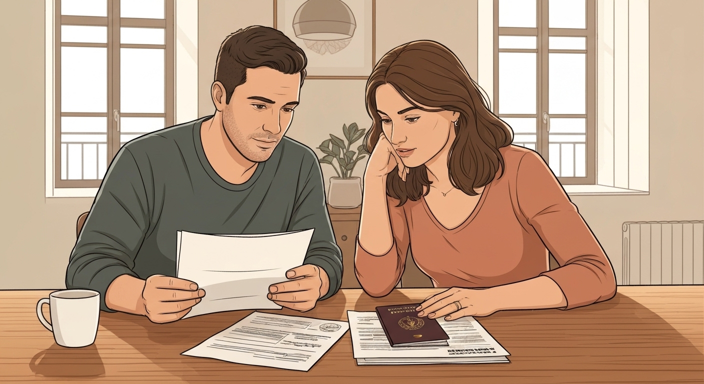 Couple français examinant documents d'assurance voyage et passeport