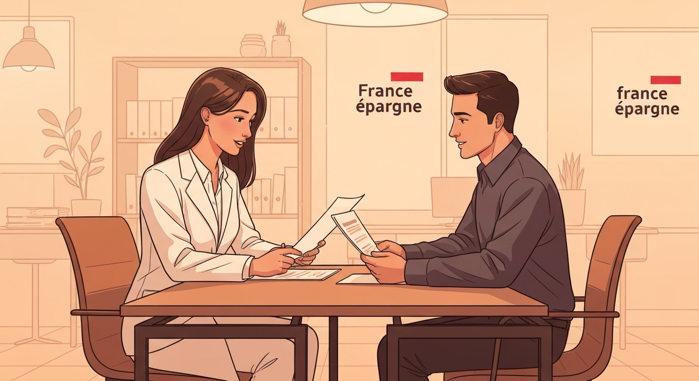 Illustration : Conseiller France Épargne expliquant l'assurance matériel professionnel à un entrepreneur
