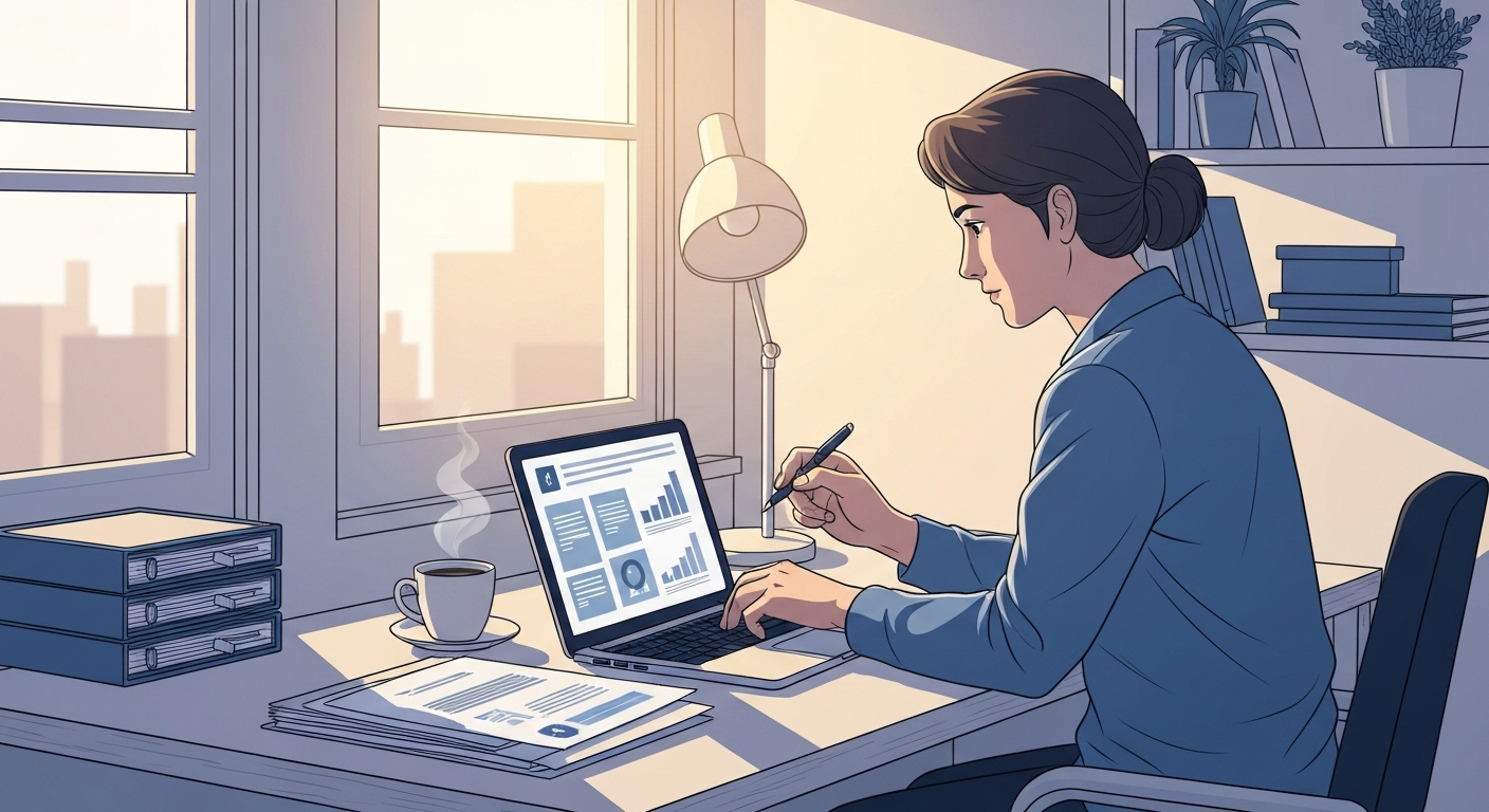 Illustration d'un micro-entrepreneur français examinant différentes options d'assurance sur son ordinateur