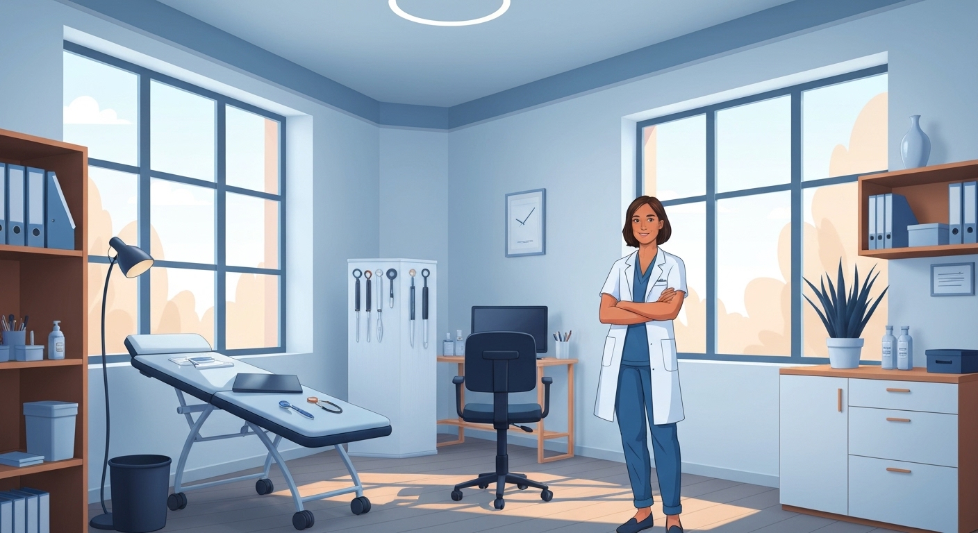 Illustration d'un professionnel de santé micro-entrepreneur dans son cabinet, couvert par son assurance RC Pro obligatoire