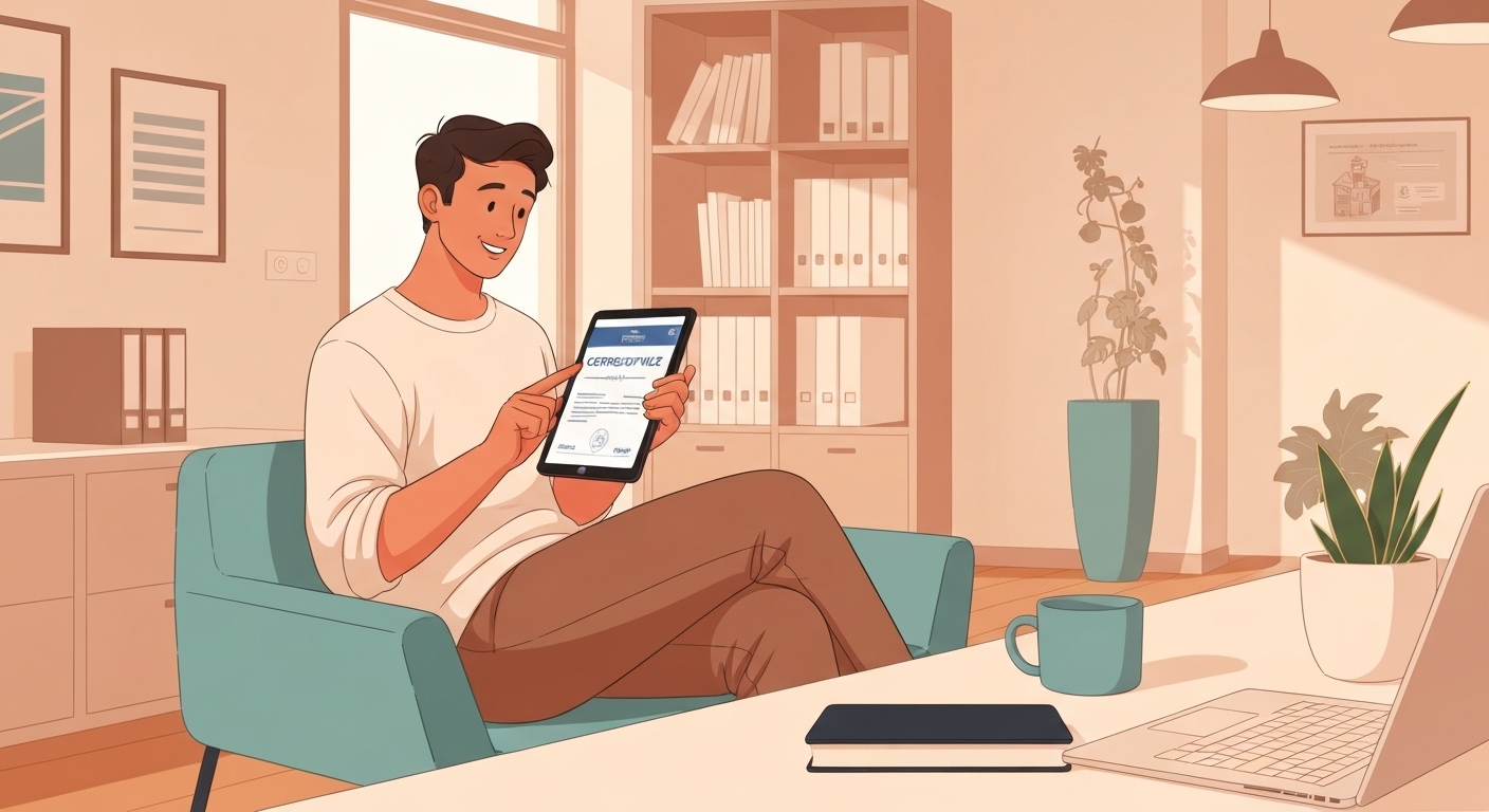 Illustration d'un micro-entrepreneur recevant son attestation d'assurance numérique sur tablette