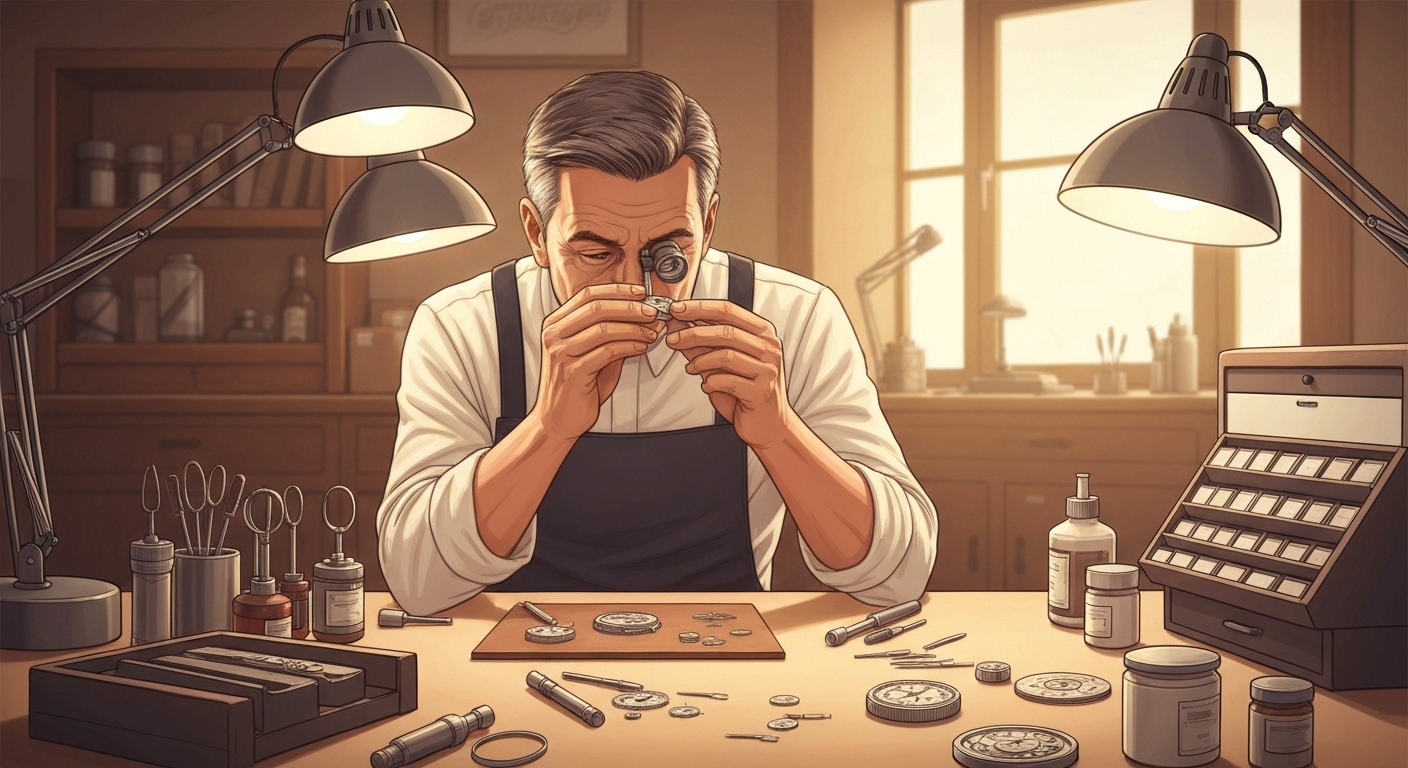 Illustration : Expert horloger français examinant l'authenticité d'une montre de luxe pour l'assurance