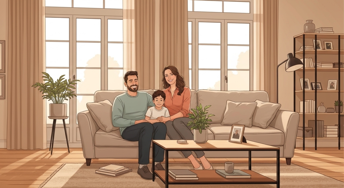 Famille française sereine protégée par une assurance complète de leurs biens précieux