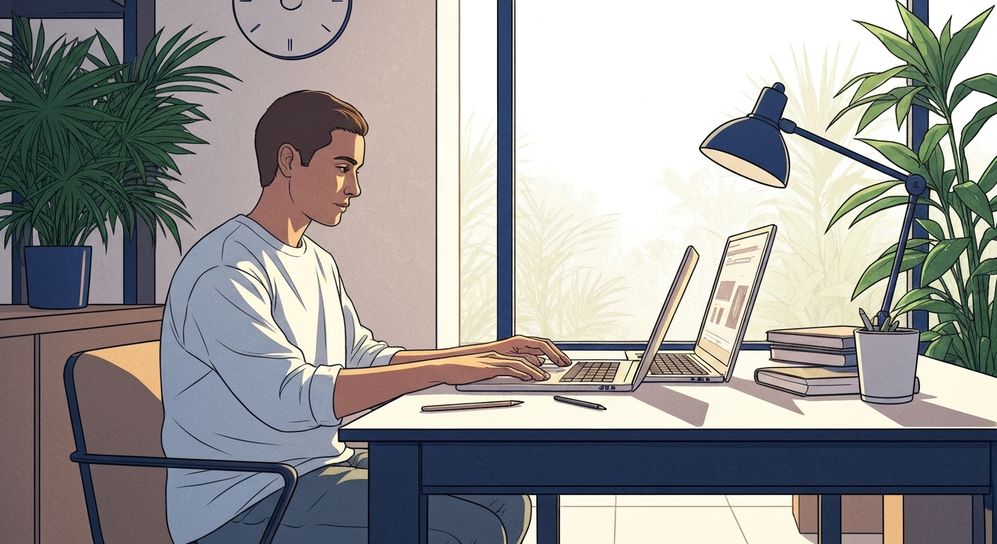 Illustration : Freelance français travaillant depuis Bali avec son ordinateur portable