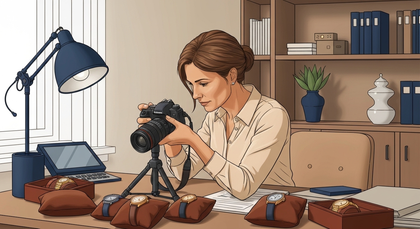 Collectionneuse française photographiant ses montres de luxe pour dossier d'assurance