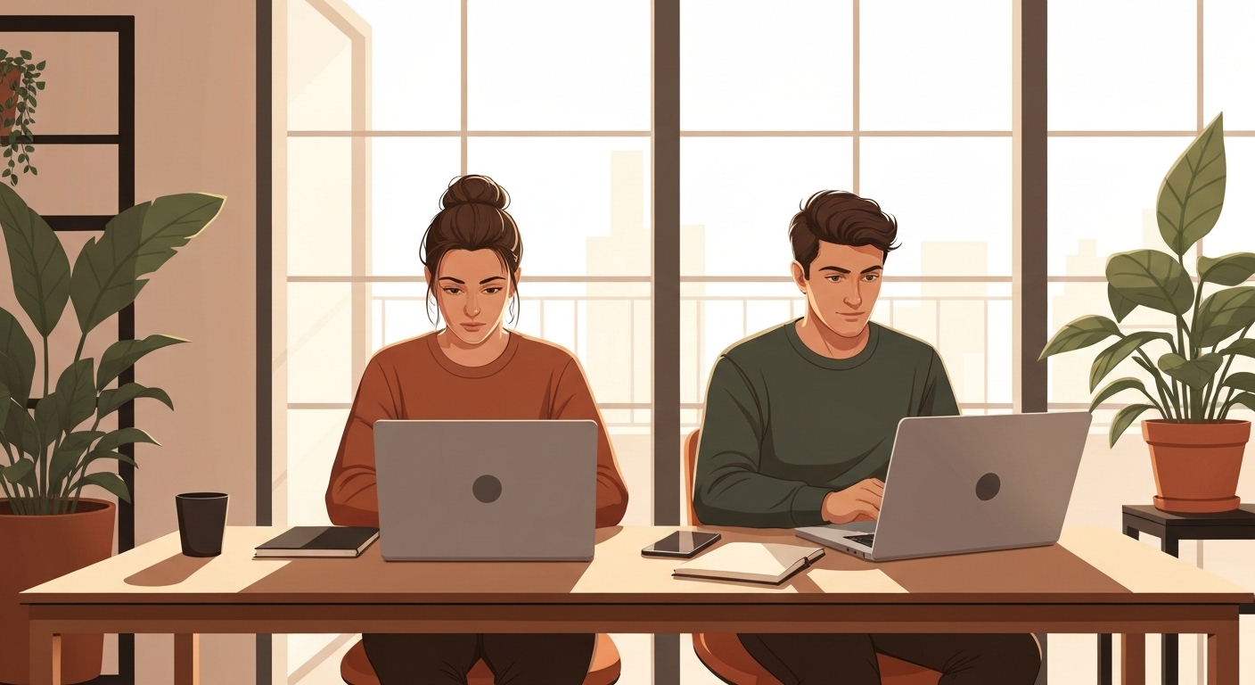 Illustration : Couple de nomades digitaux travaillant ensemble dans un espace de coworking