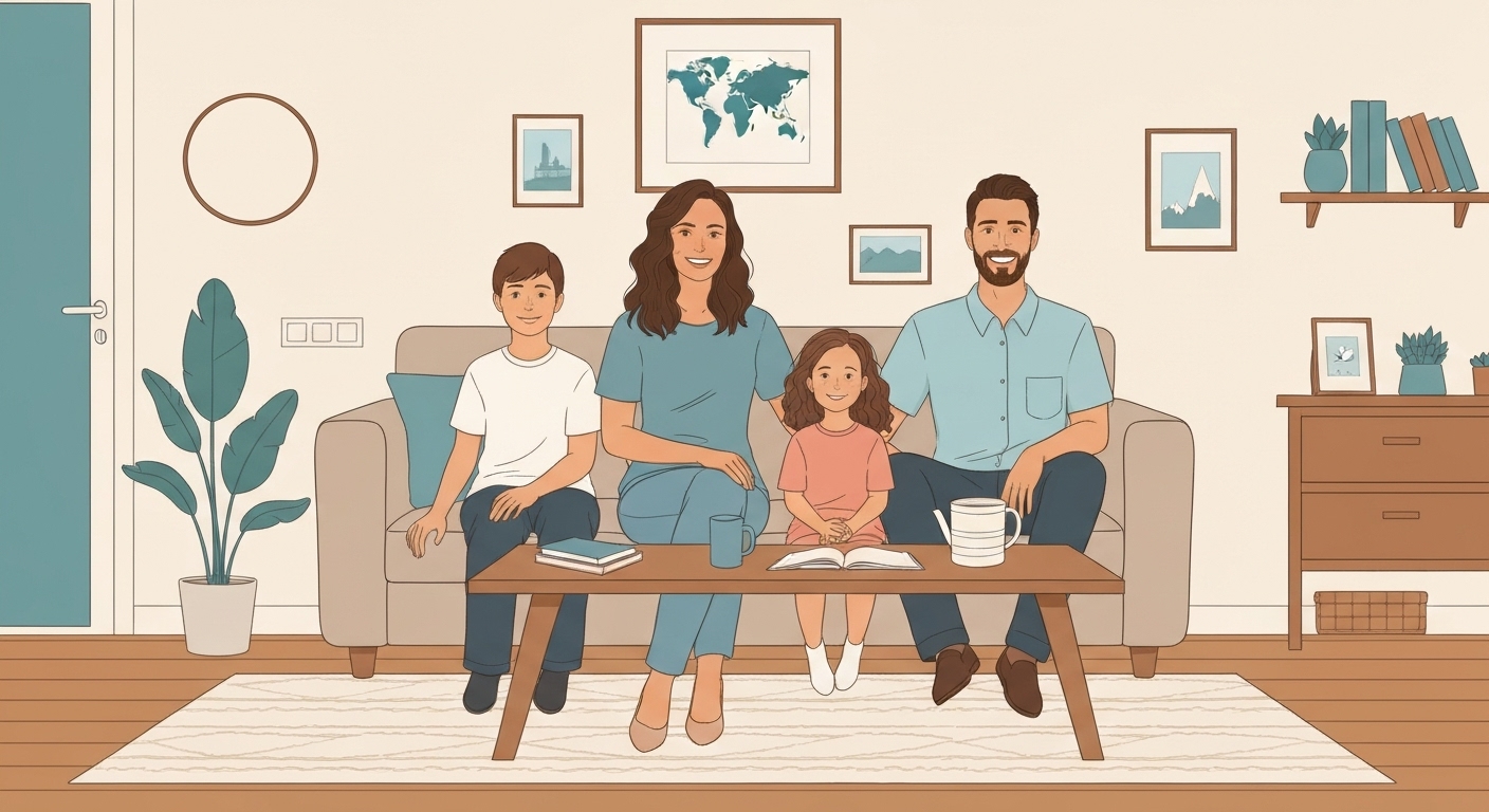 Illustration : Famille nomade digitale heureuse et protégée par France Épargne