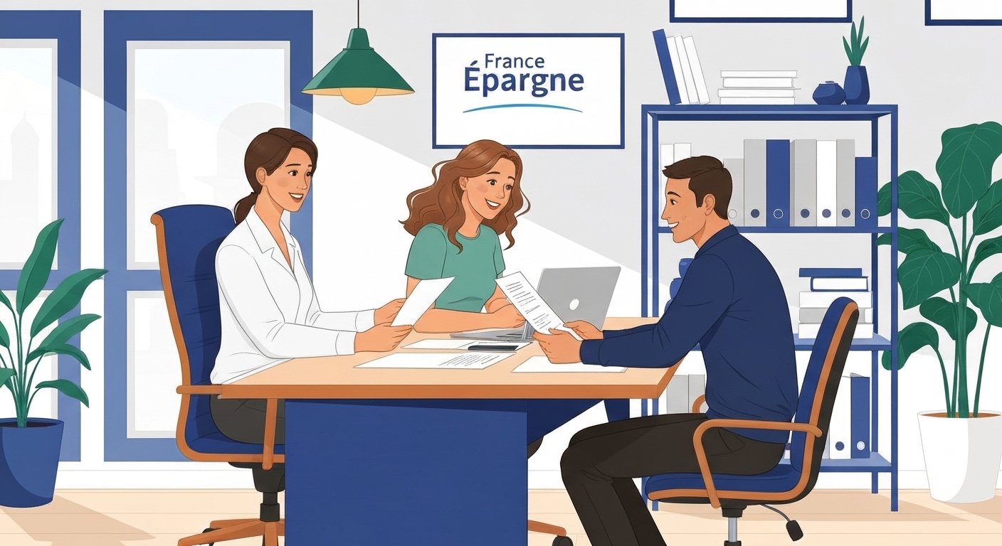 Illustration : Conseiller France Épargne expliquant les garanties d'assurance moto à un client