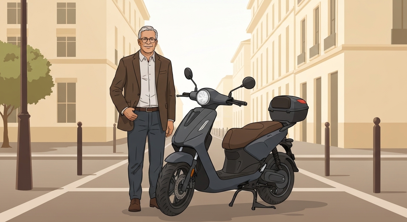 Motard senior expérimenté avec son scooter électrique moderne
