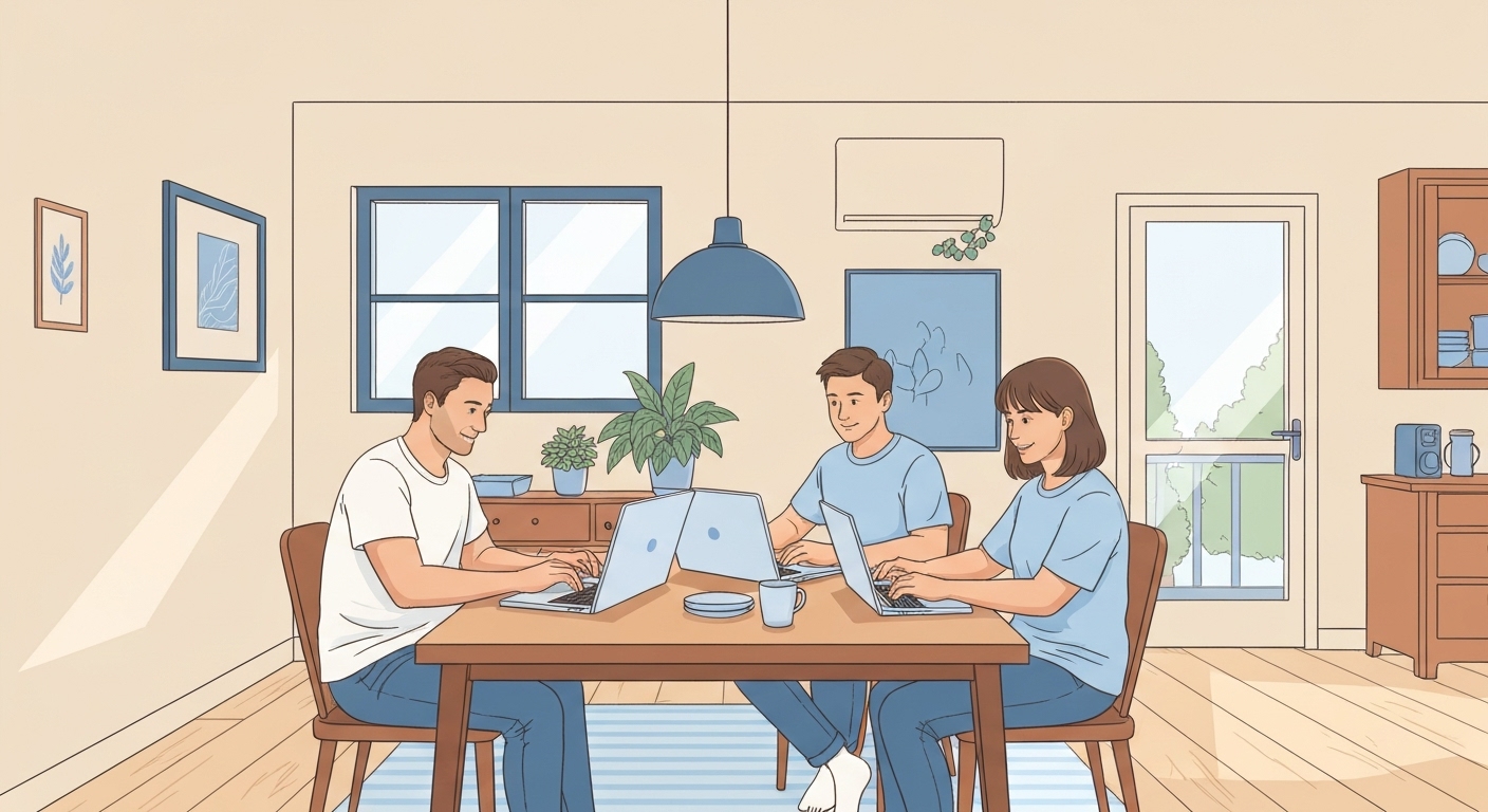 Illustration : Famille française protégeant ses appareils numériques