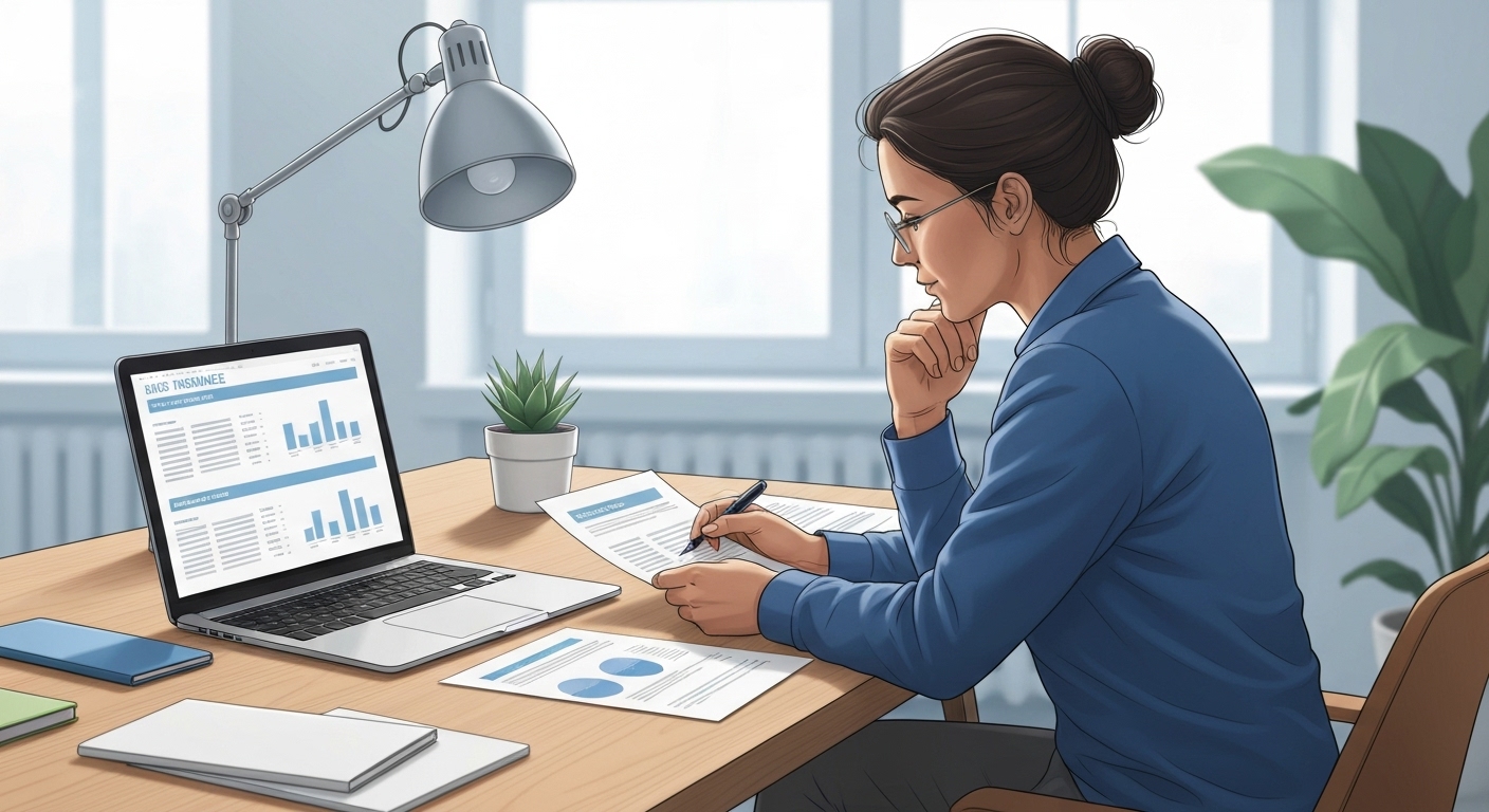 Illustration : Professionnel comparant différentes offres d'assurance ordinateur