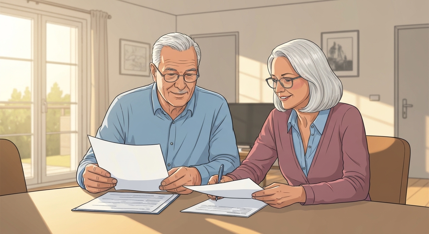 Illustration : Couple de retraités français planifiant sereinement leur assurance obsèques