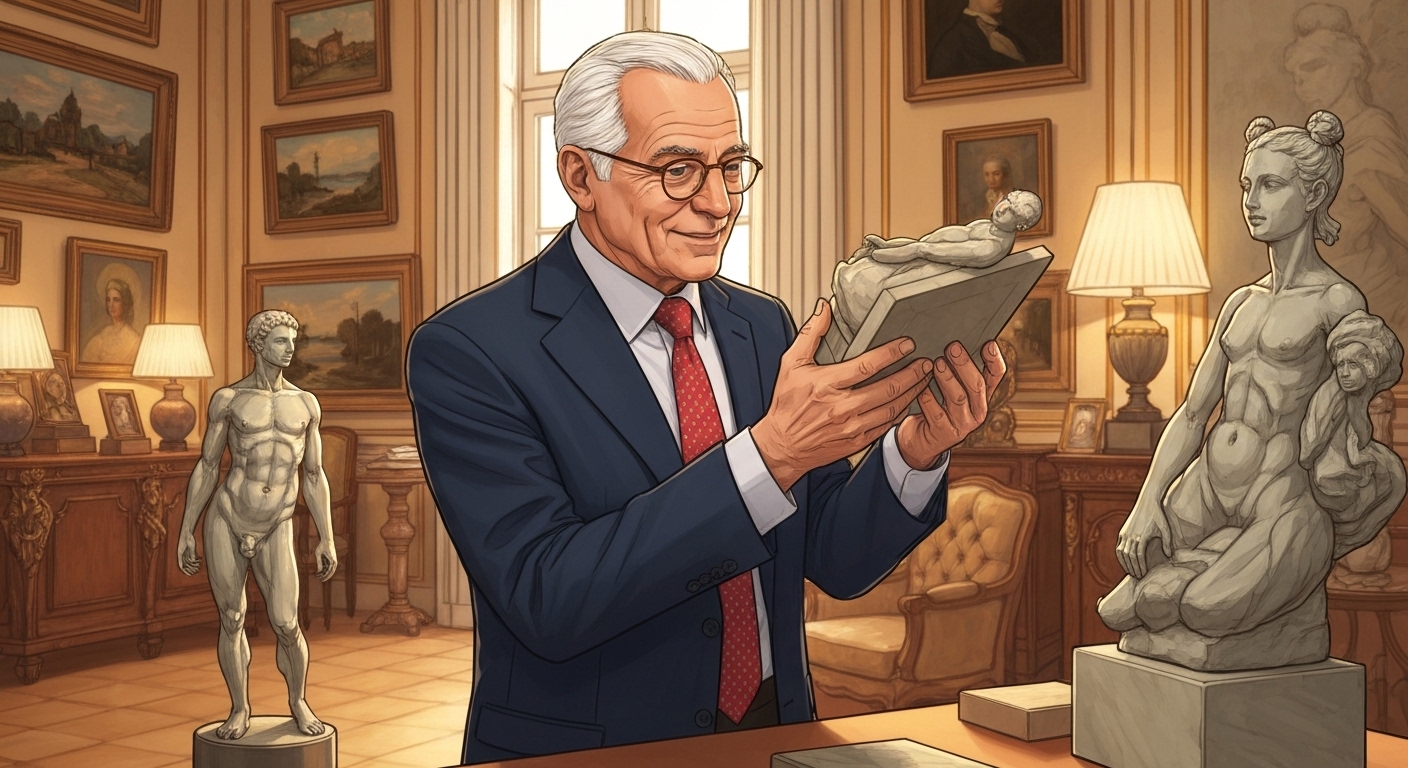 Illustration : Collectionneur examinant des objets d'art dans son intérieur