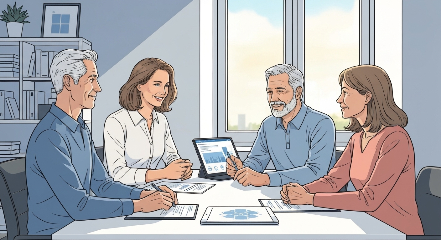 Illustration : Conseiller patrimonial France Épargne avec des clients discutant protection panneaux solaires