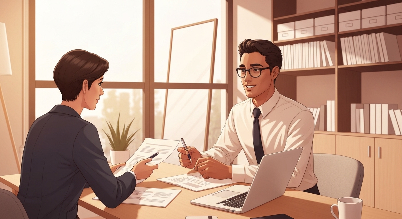 Expert en assurance conseillant une entreprise sur la protection réputationnelle