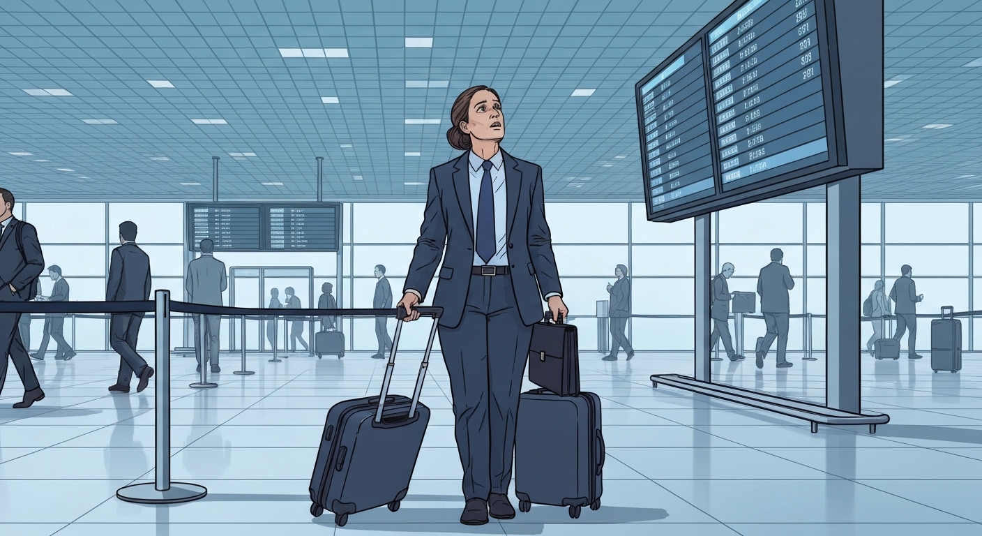 Voyageur d'affaires stressé face à un retard de vol à l'aéroport