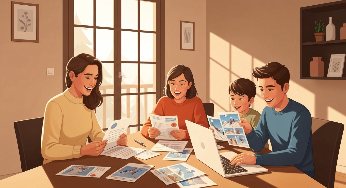Famille française préparant leur séjour au ski avec documents d'assurance