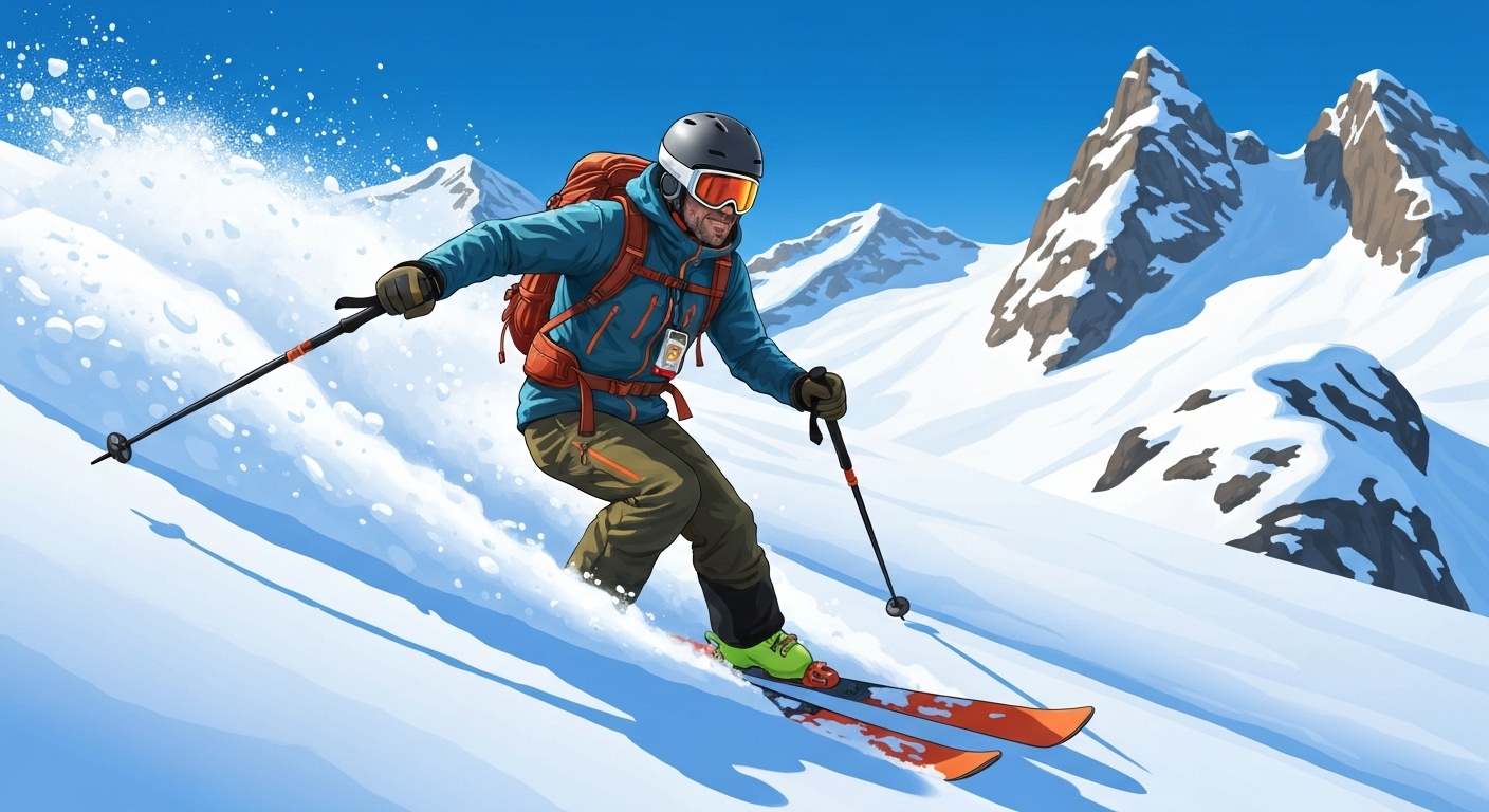 Skieur hors-piste équipé et assuré dans la poudreuse