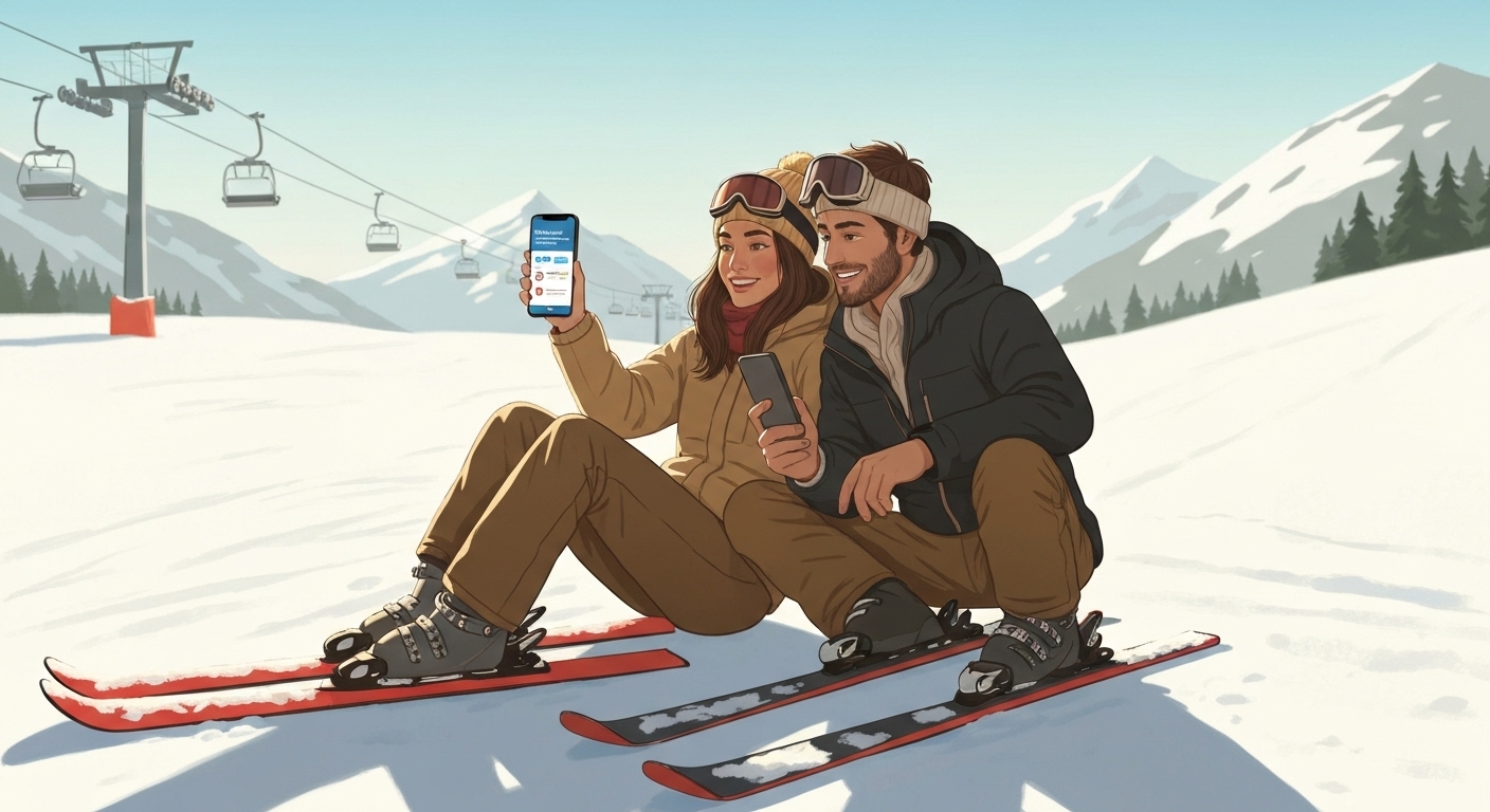 Jeune couple sur les pistes comparant les options d'assurance ski