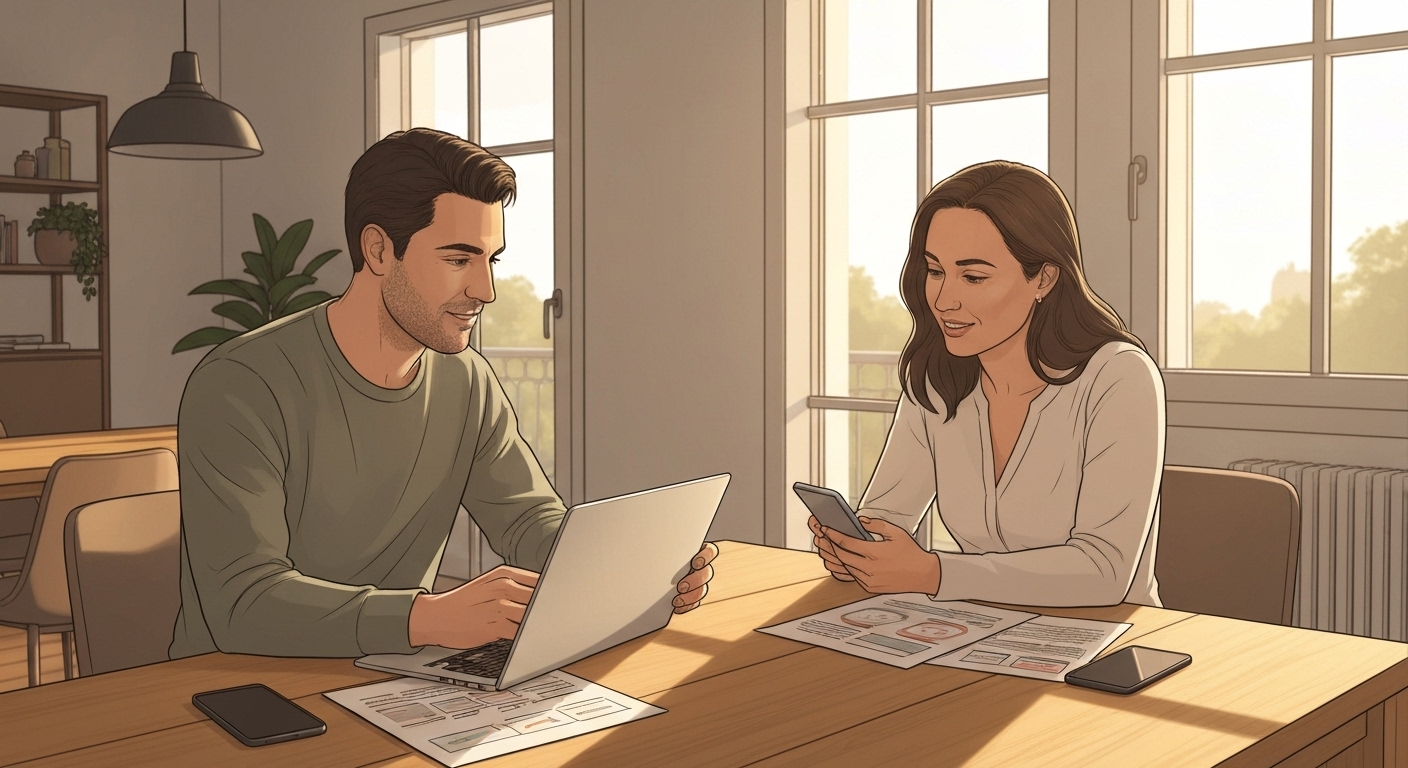 Illustration d'un couple français comparant les options d'assurance pour leurs appareils