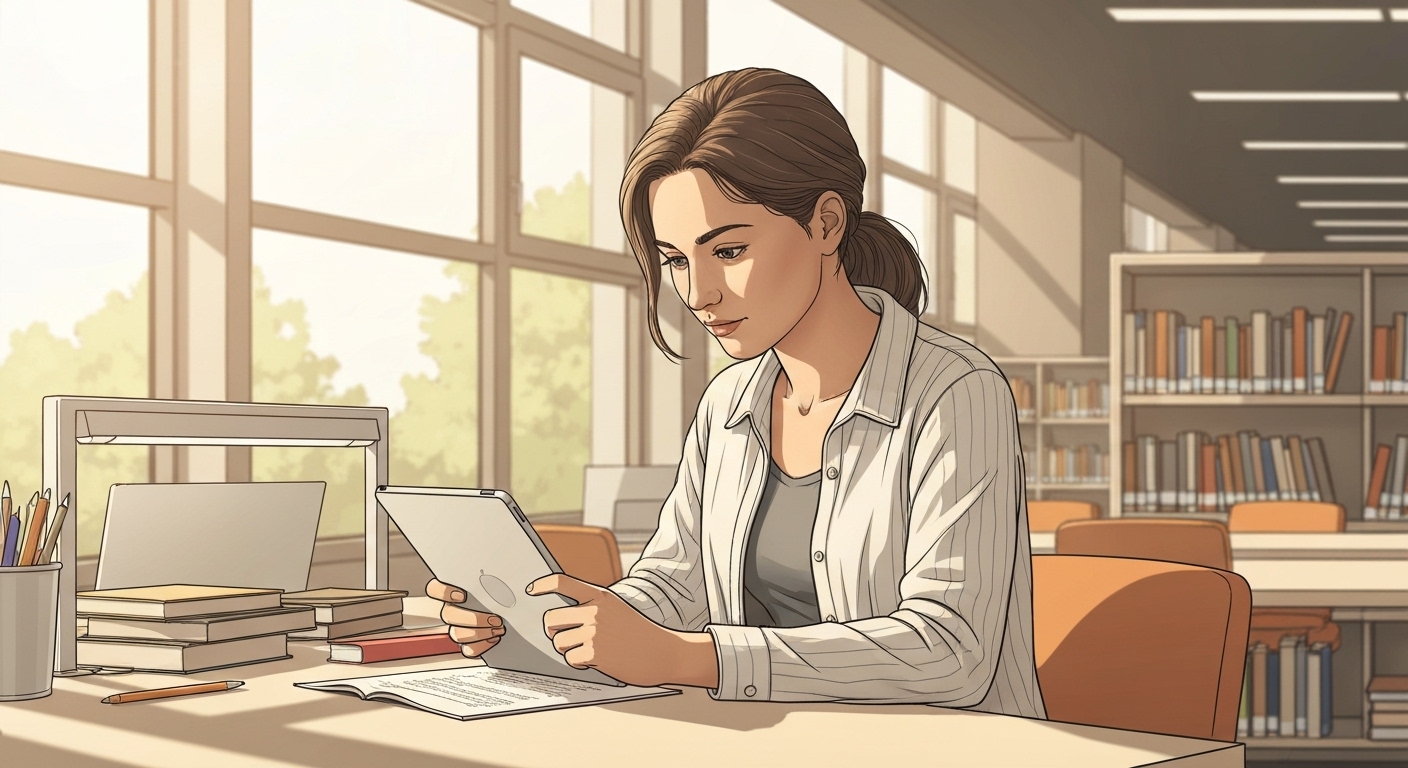 Illustration d'une étudiante française utilisant sa tablette pour ses études