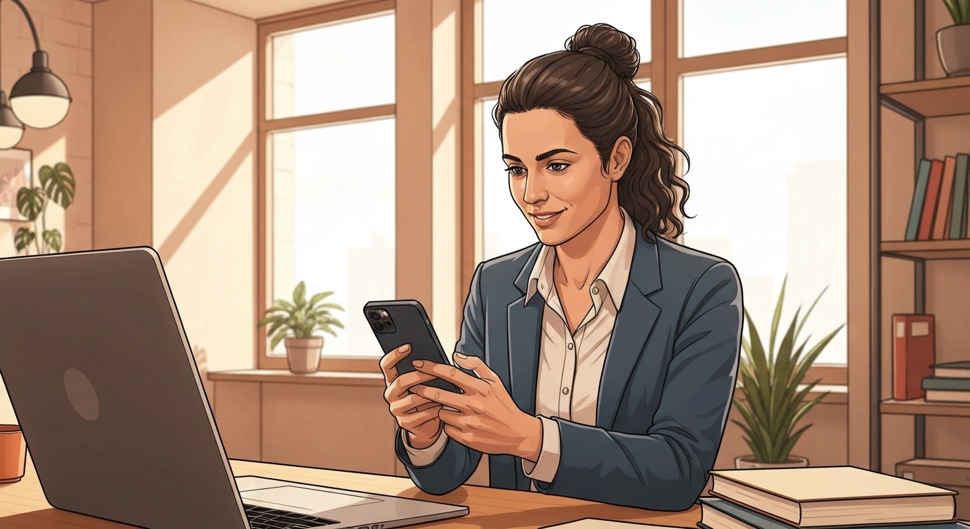 Illustration d'un entrepreneur français gérant son activité sur smartphone